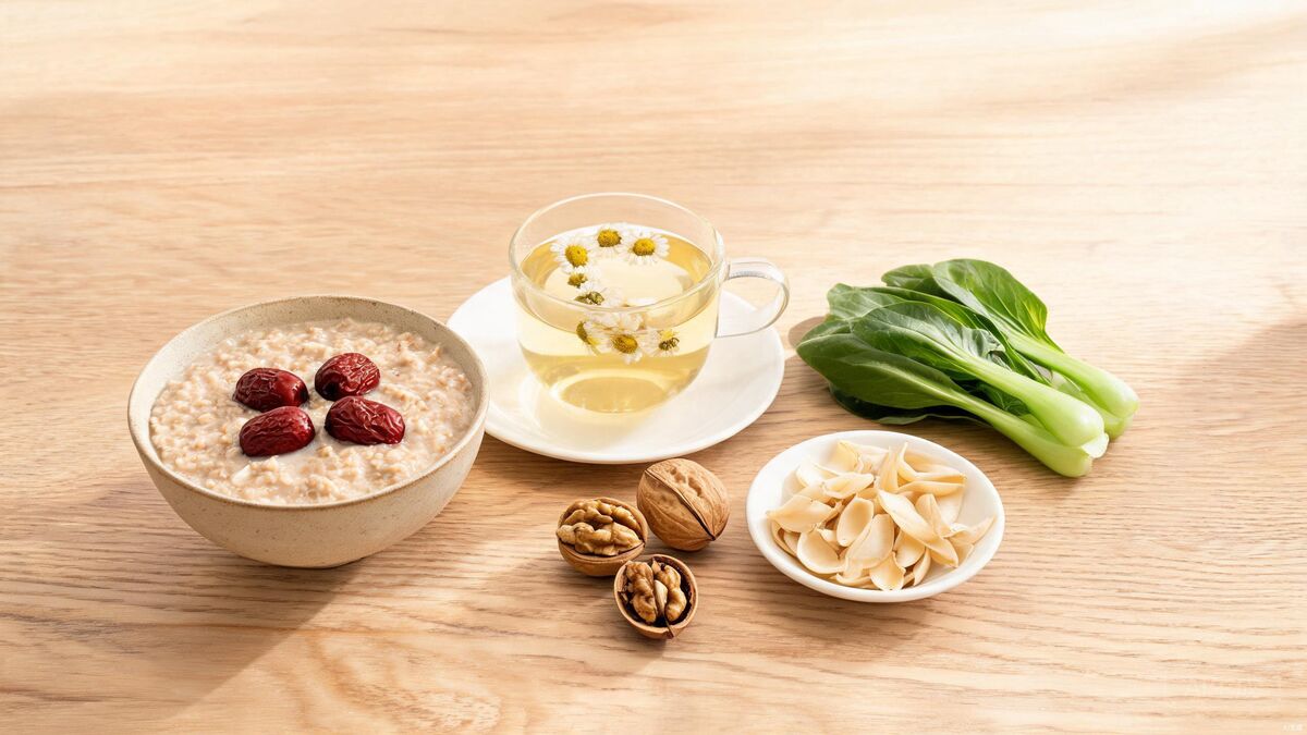 TCM calming foods spread with lotus seeds, lily bulb, and red dates