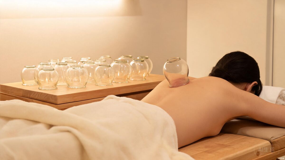 Glass cupping therapy cups arranged for back treatment