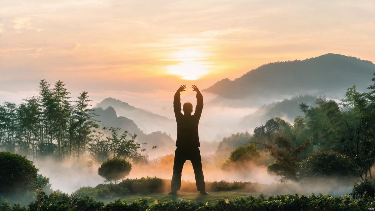 Person practicing Eight Brocades Qigong in a garden at sunrise