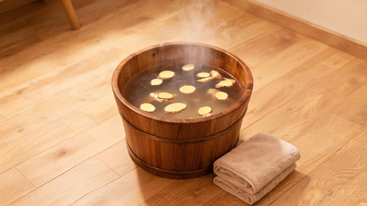 Ginger foot soak with fresh ginger slices in warm water