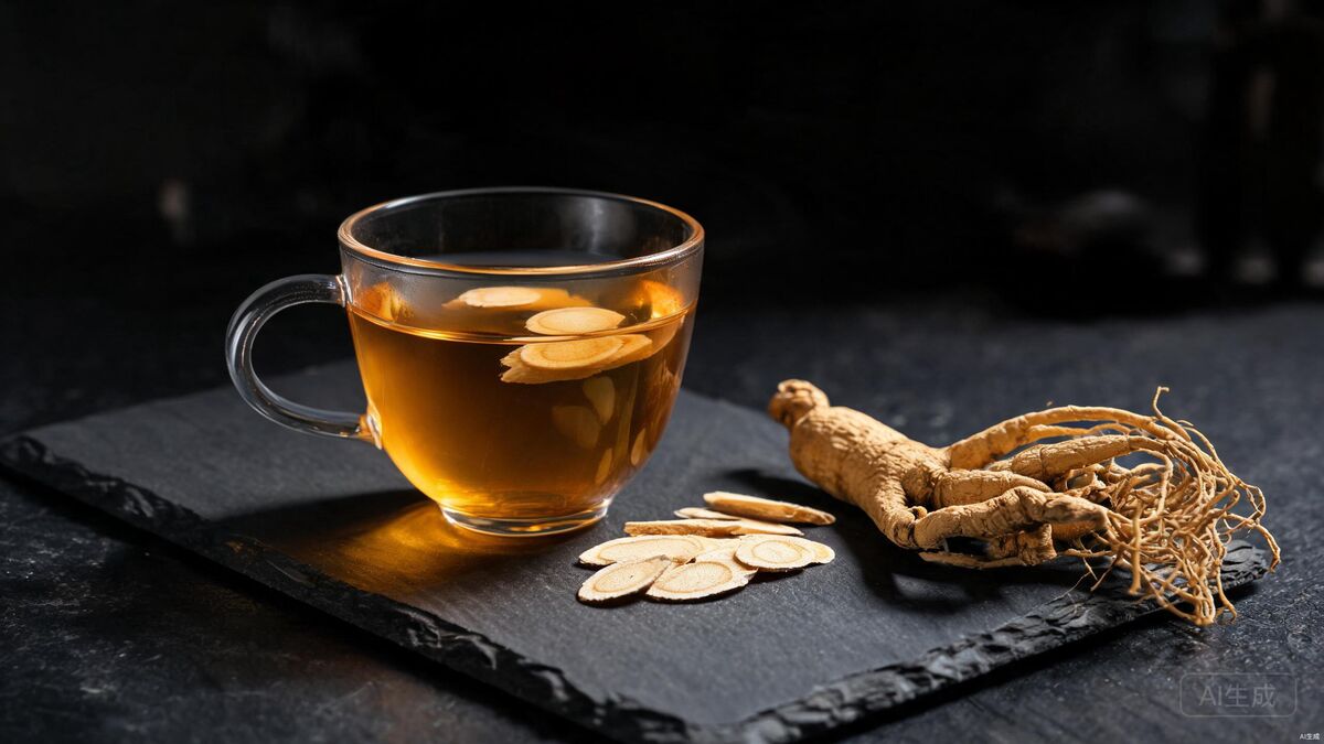 Dried ginseng root and a cup of golden ginseng tea