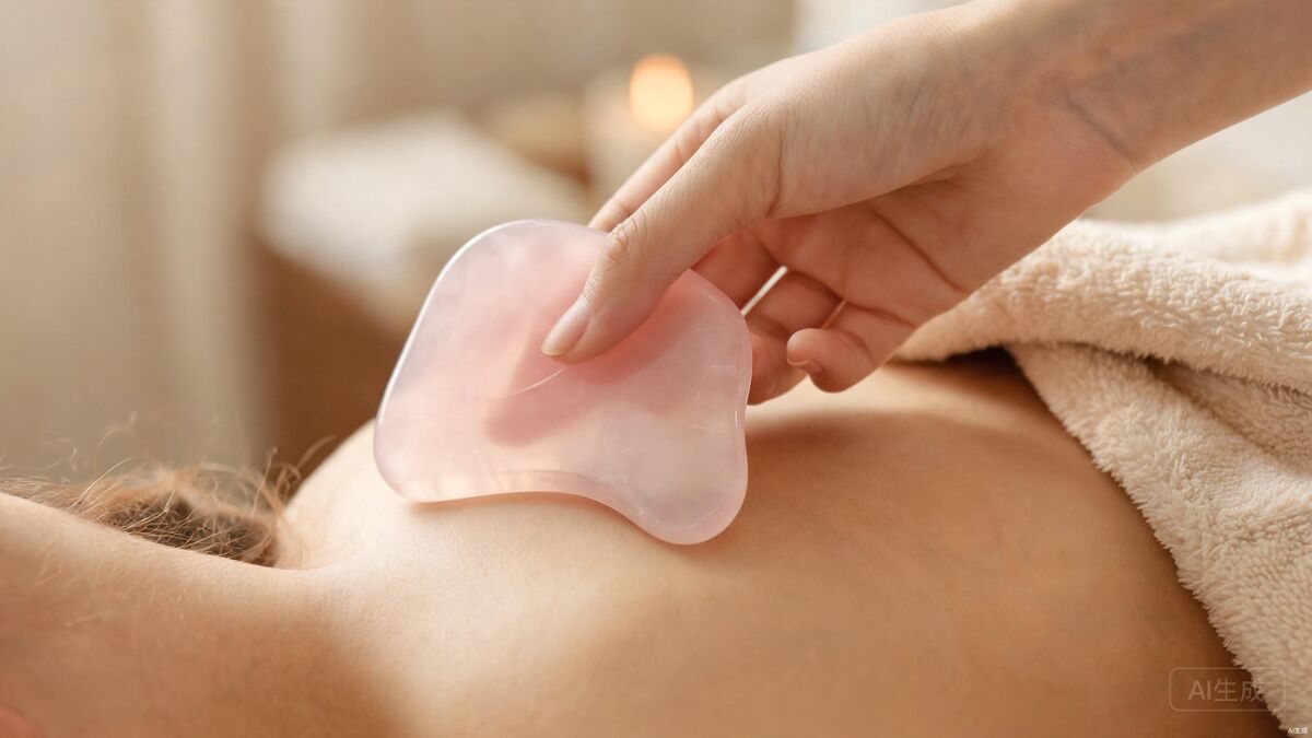 Gua Sha rose quartz tool on a shoulder showing the scraping technique