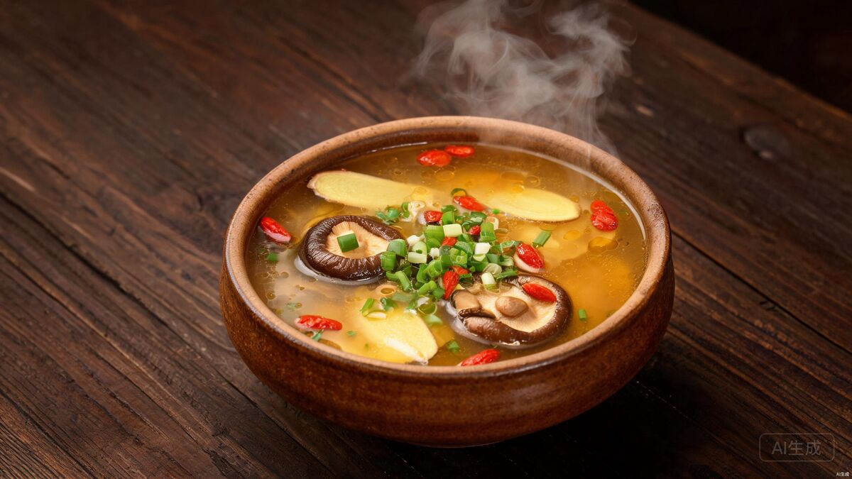 TCM immune-boosting soup with mushrooms, ginger, and goji berries