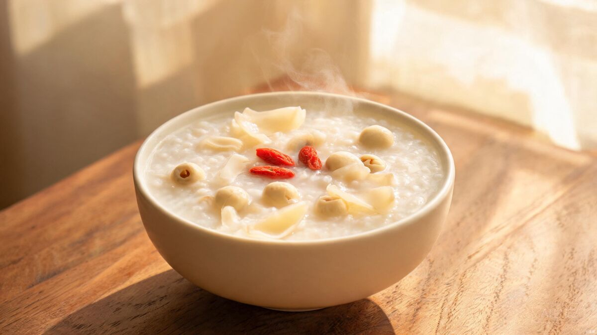 Lotus seed and lily bulb porridge in a ceramic bowl