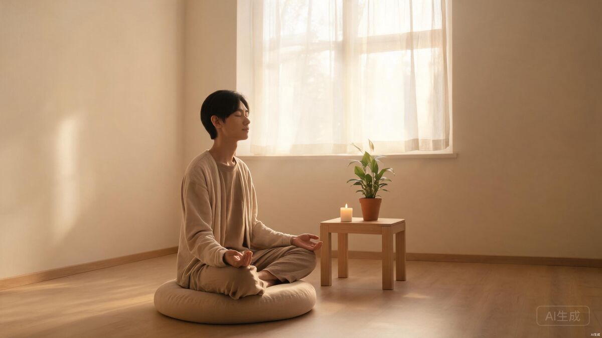 Person sitting in meditation posture in a serene zen room