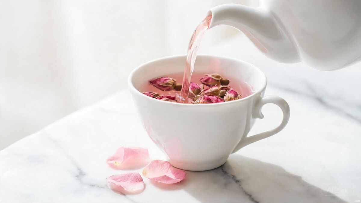 Dried rose buds and rose tea in a white porcelain cup