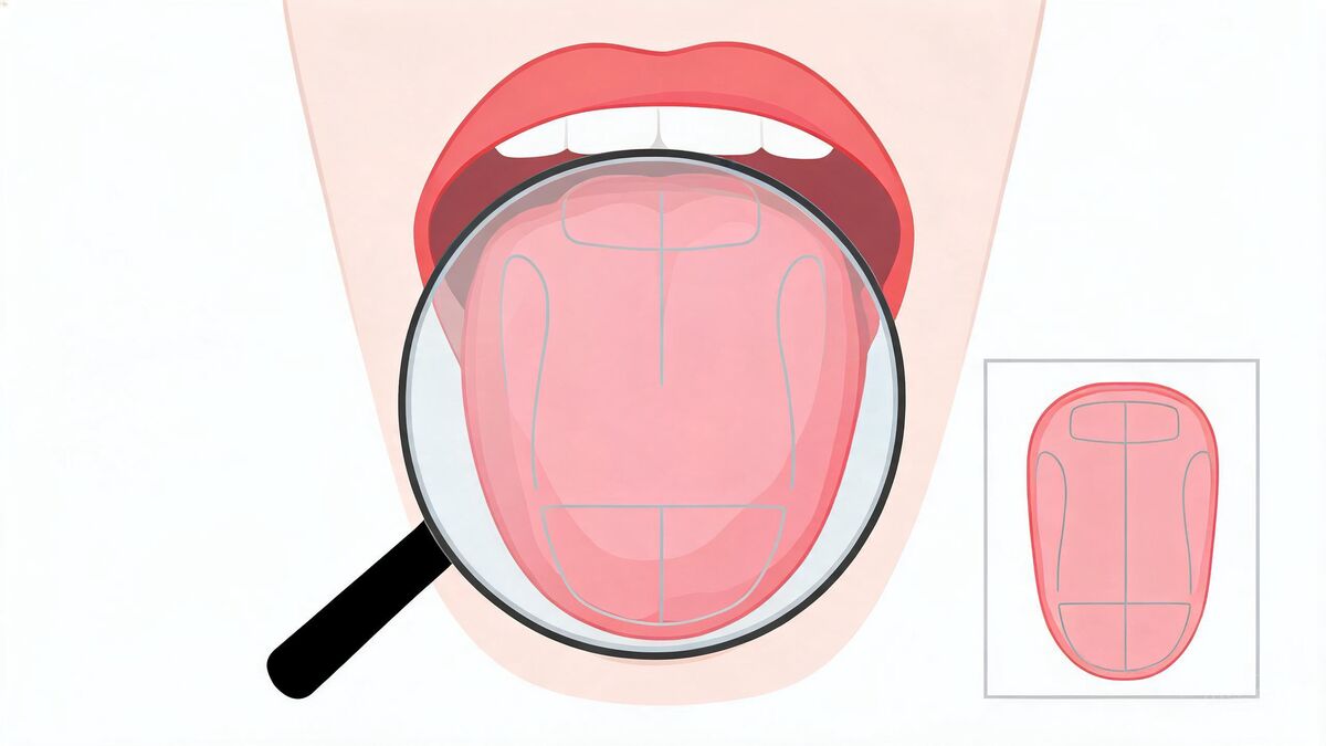 Tongue diagnosis showing different coating zones and their meanings