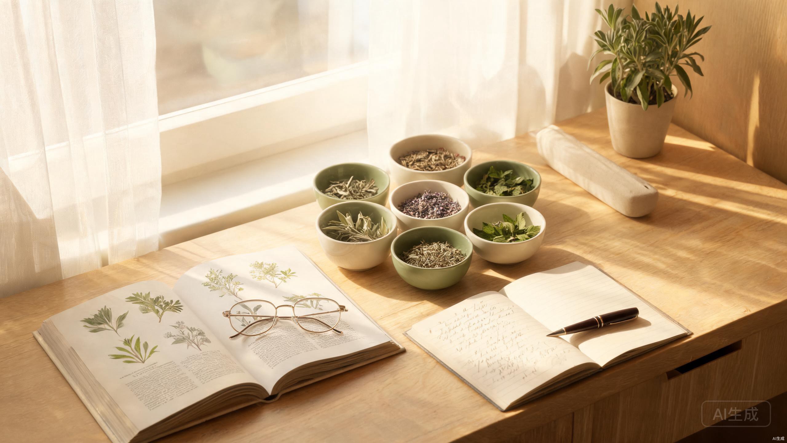A calm workspace with notebooks, herbal reference texts, and soft natural light