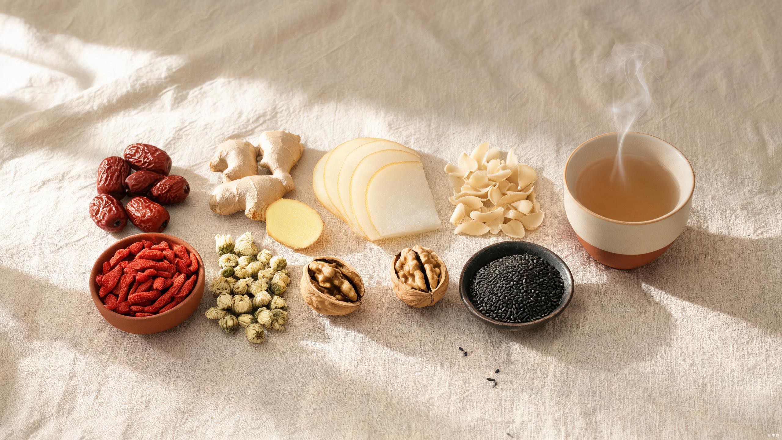 A warm spread of TCM ingredients including ginger, dates, grains, and dried flowers in natural light
