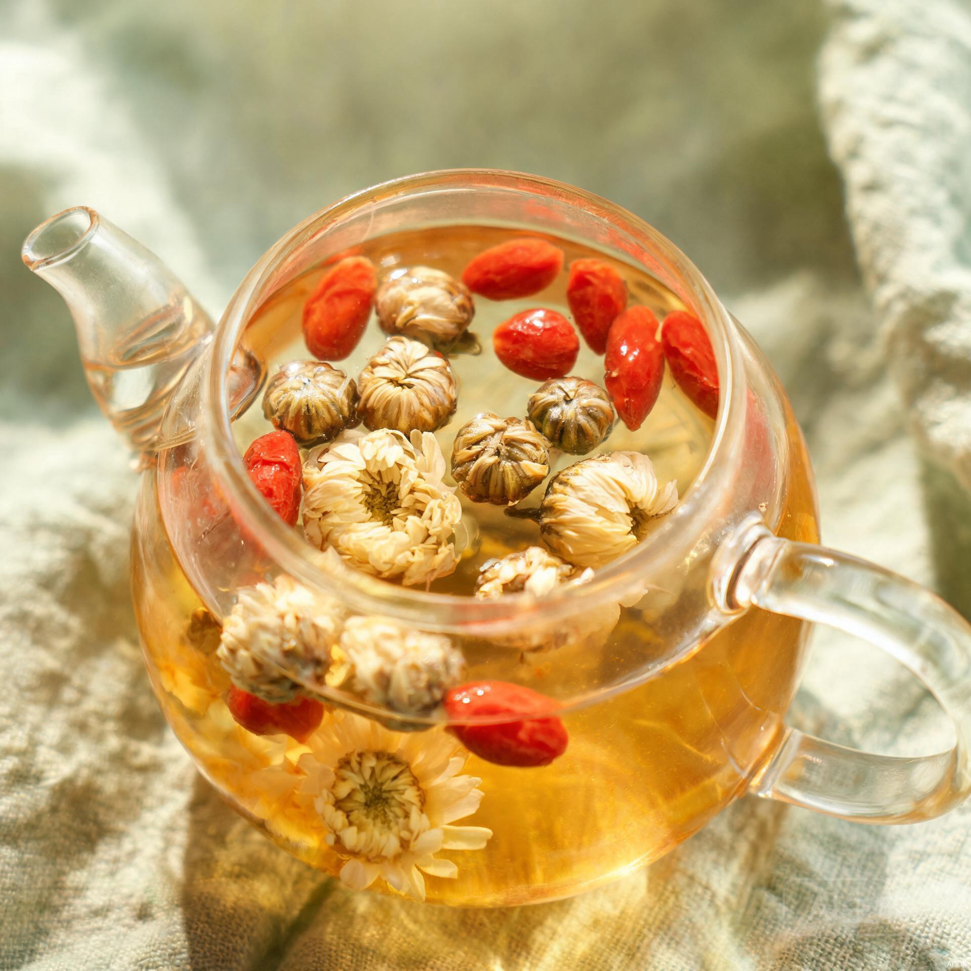 Dried chrysanthemum flowers steeping in a glass teapot