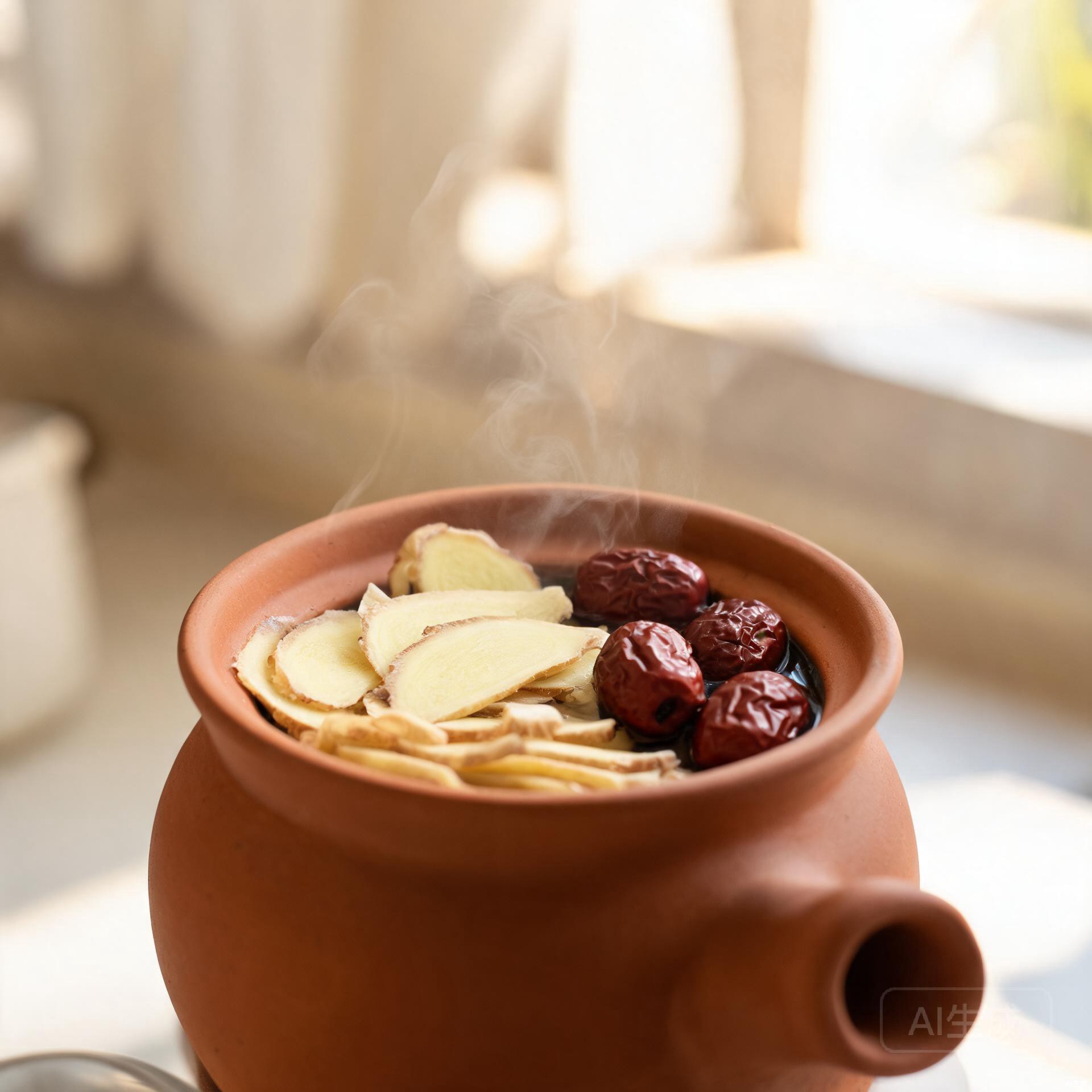 Ginger date tea steaming in a hand-thrown ceramic cup