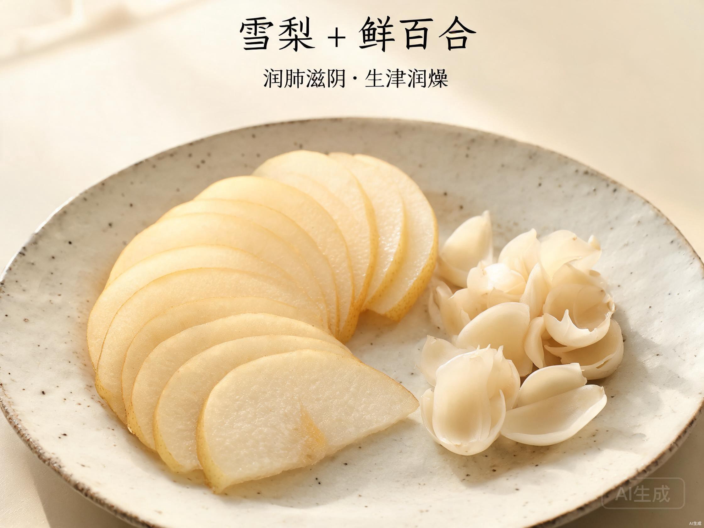 Pear and lily bulb dessert in a small ceramic bowl