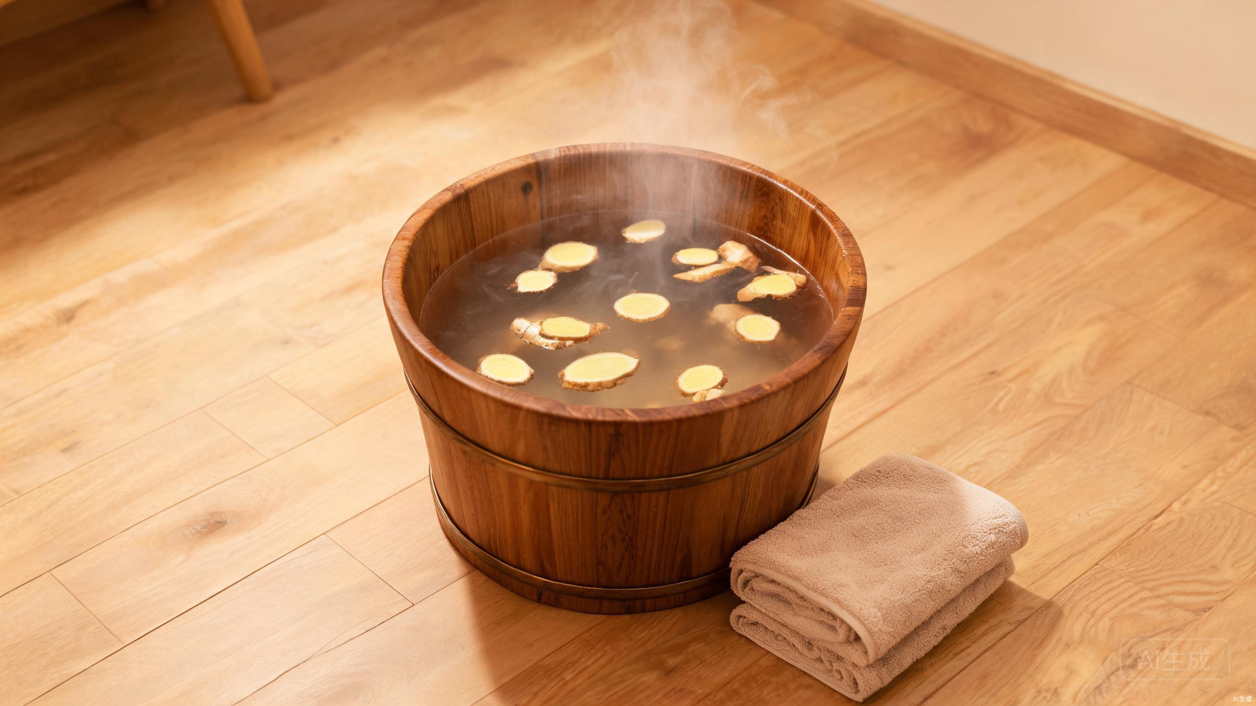 A warm TCM foot soak with ginger in a wooden basin, a traditional bedtime sleep ritual