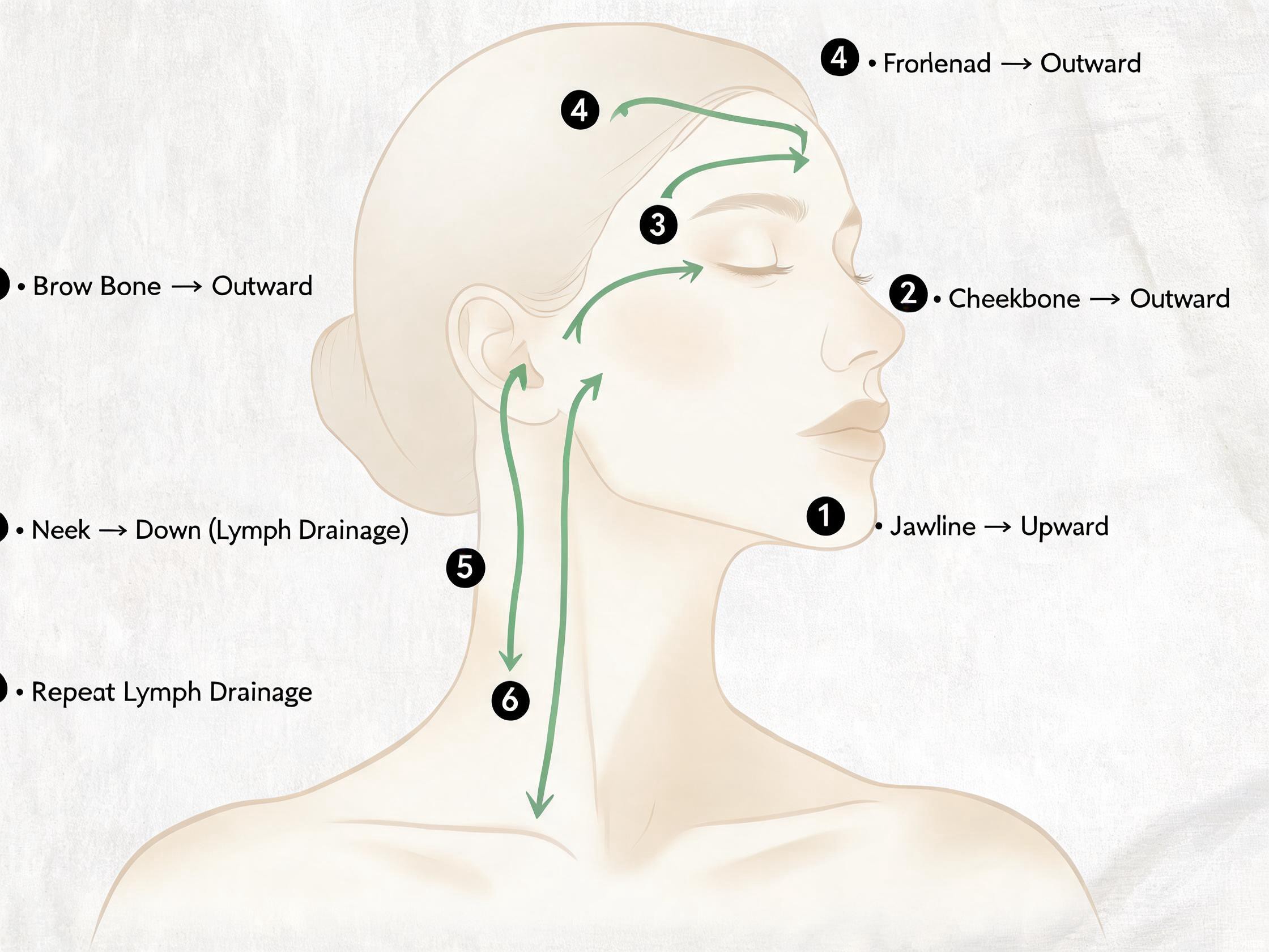 Illustration showing gua sha facial massage technique with directional arrows along jawline, cheekbone, brow bone, and neck drainage pathways