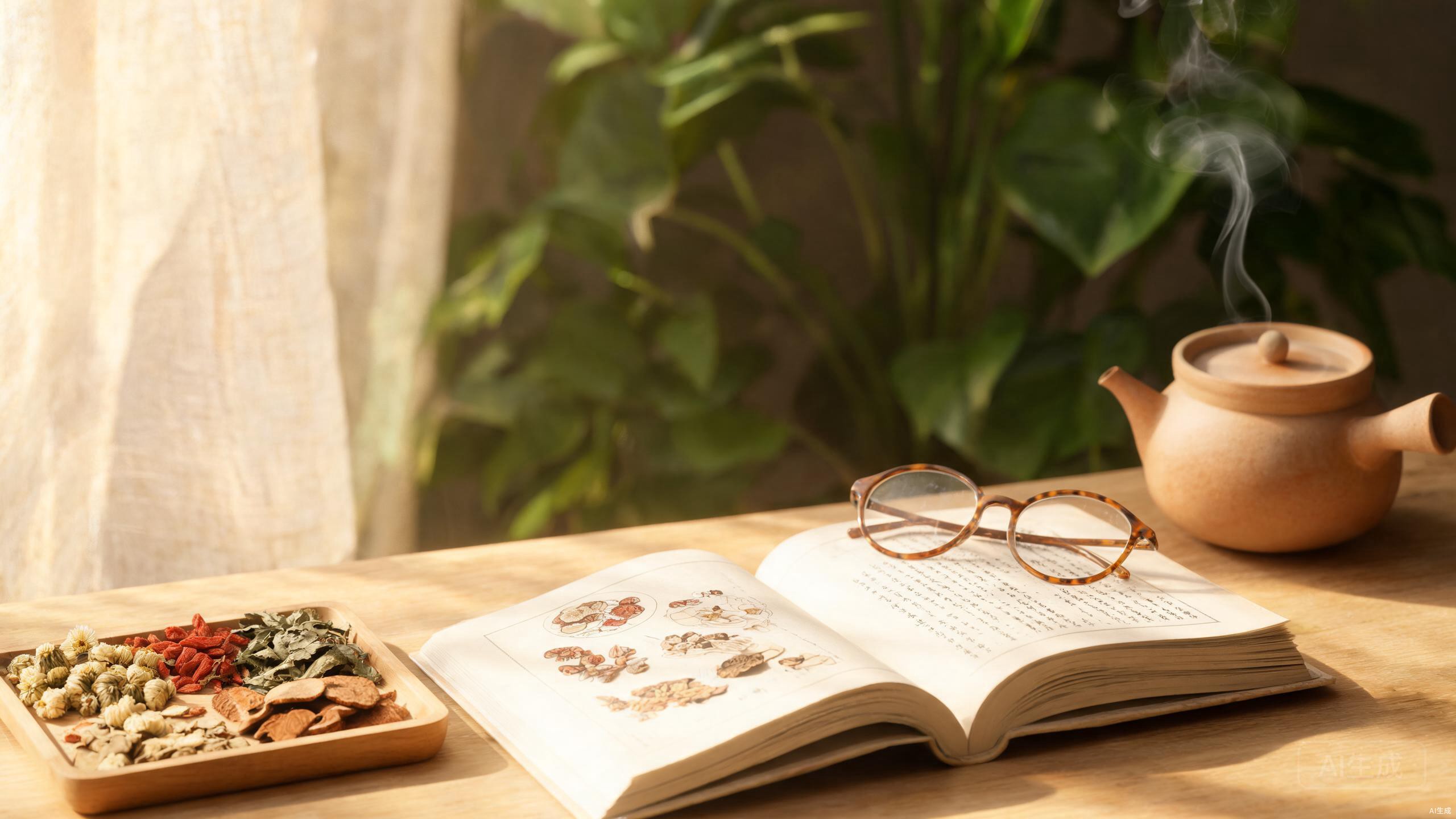 TCM book open beside dried herbs and a ceramic teacup in warm natural light