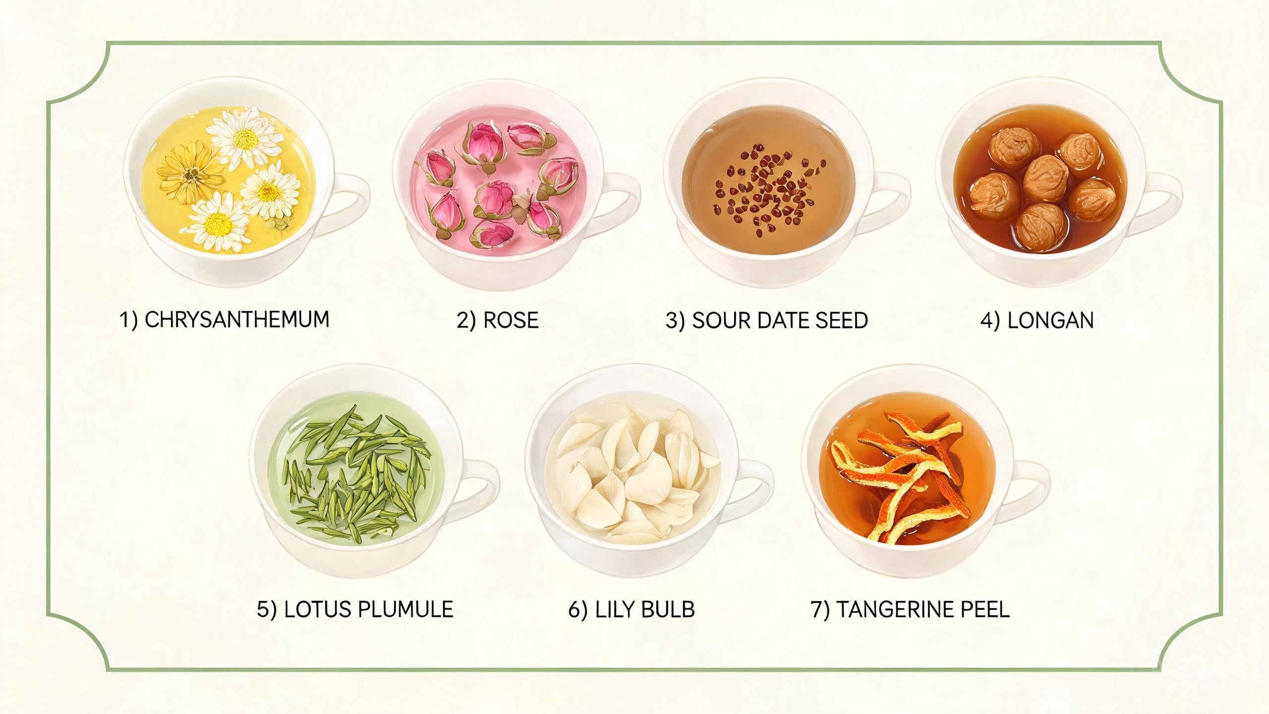 Infographic showing seven types of calming herbal teas from TCM: chrysanthemum, rose, sour date seed, longan, lotus plumule, lily bulb, and tangerine peel