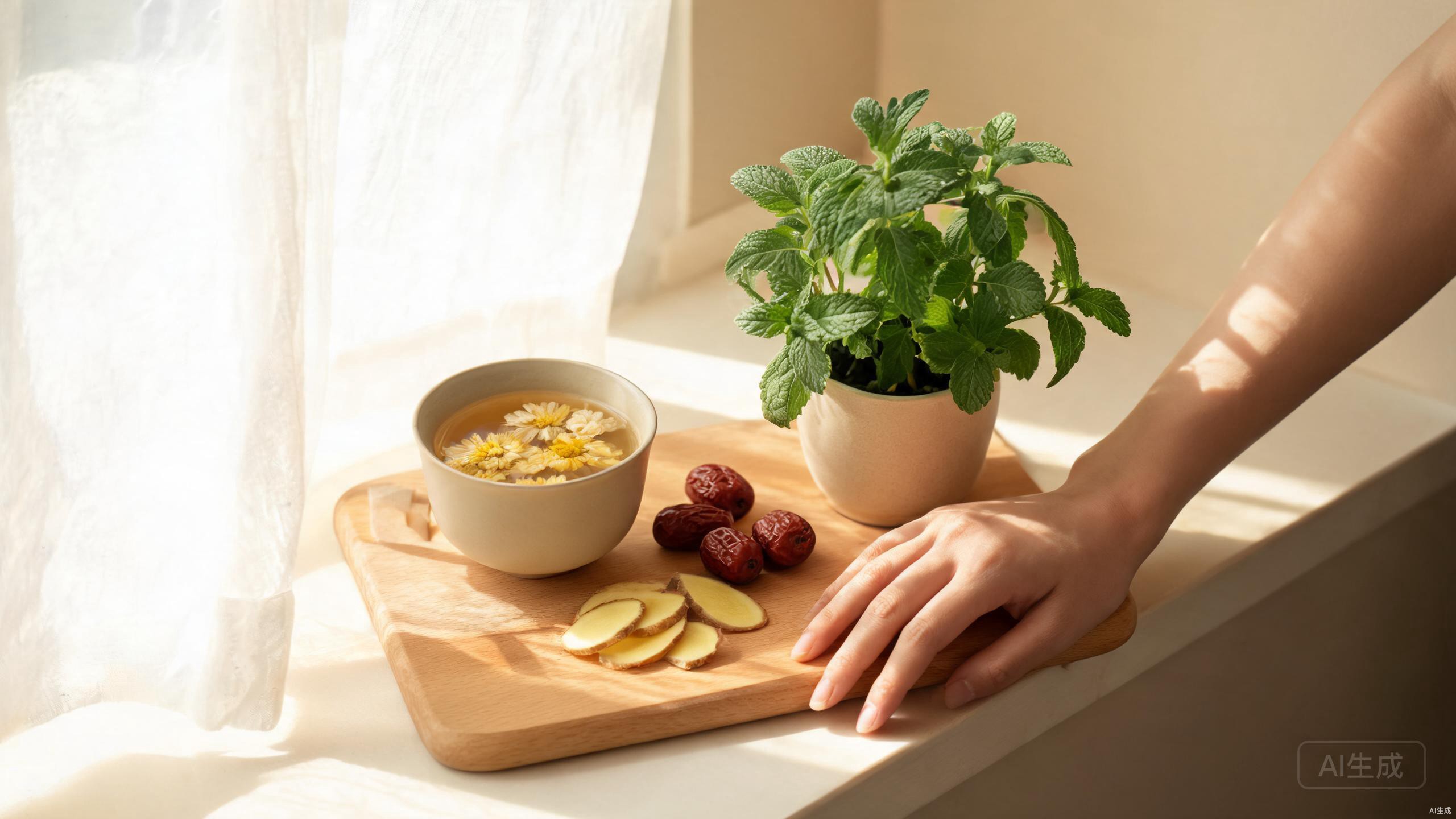 A warm home wellness scene with tea, ginger, and fresh mint