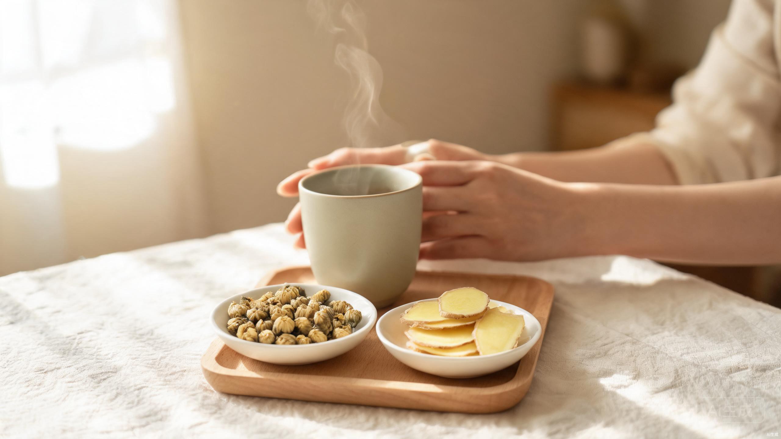 Calm home wellness scene with tea and soft linen