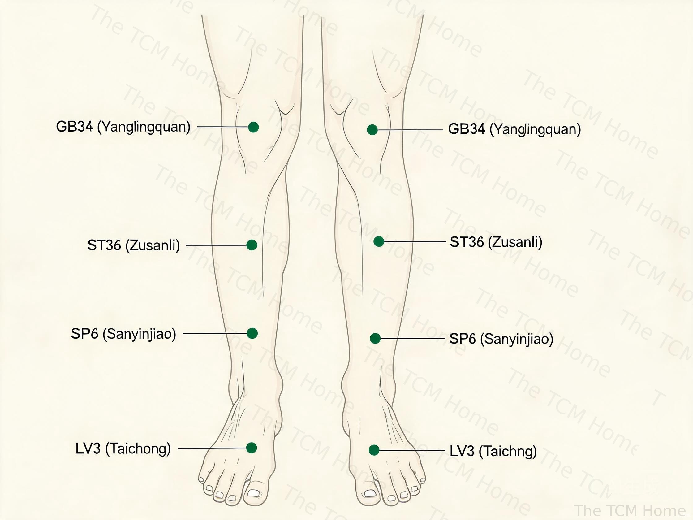 Acupressure points on the legs: ST36 Zusanli, SP6 Sanyinjiao, LV3 Taichong