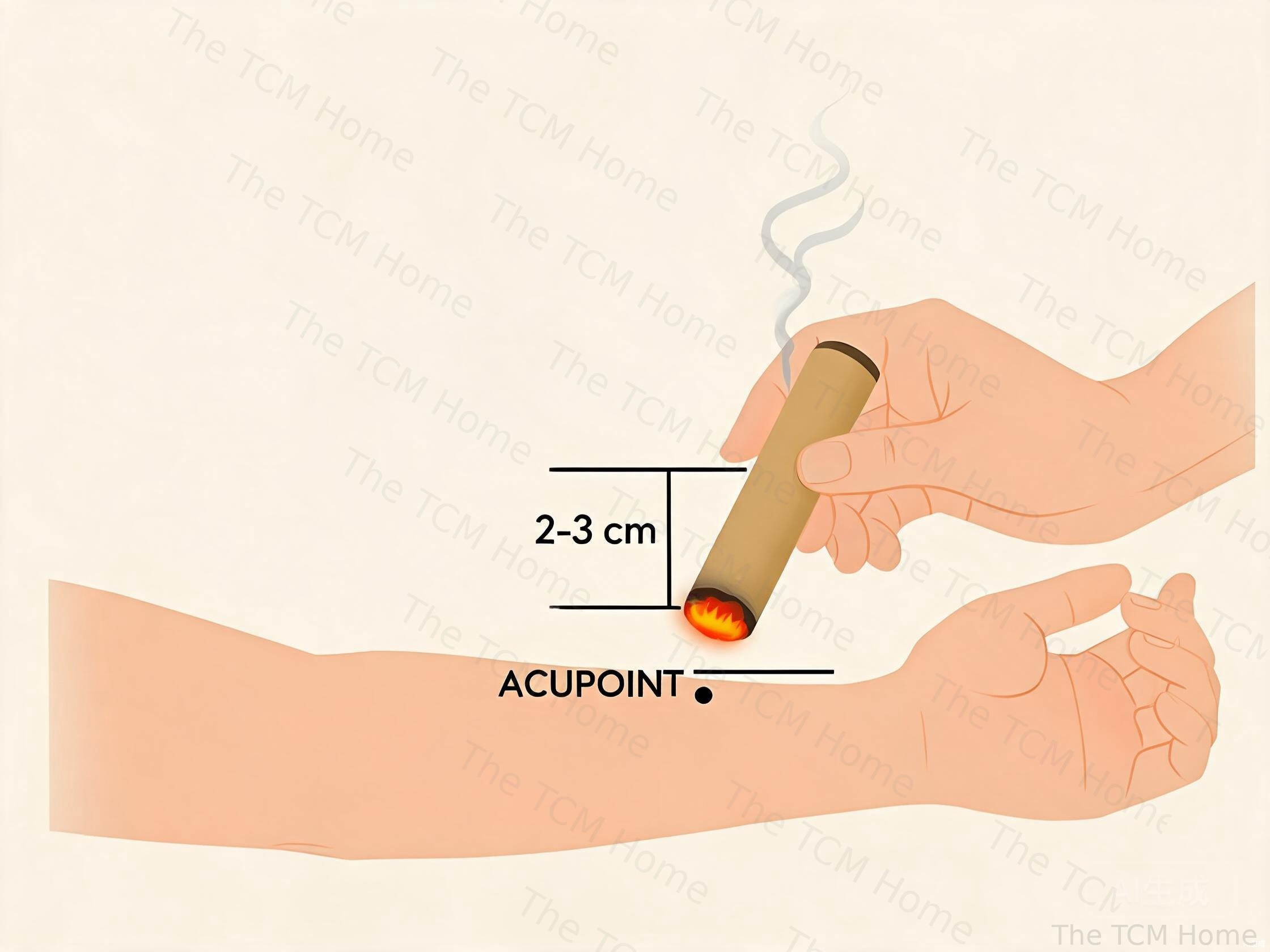 Moxibustion technique showing how to hold a moxa stick above an acupoint