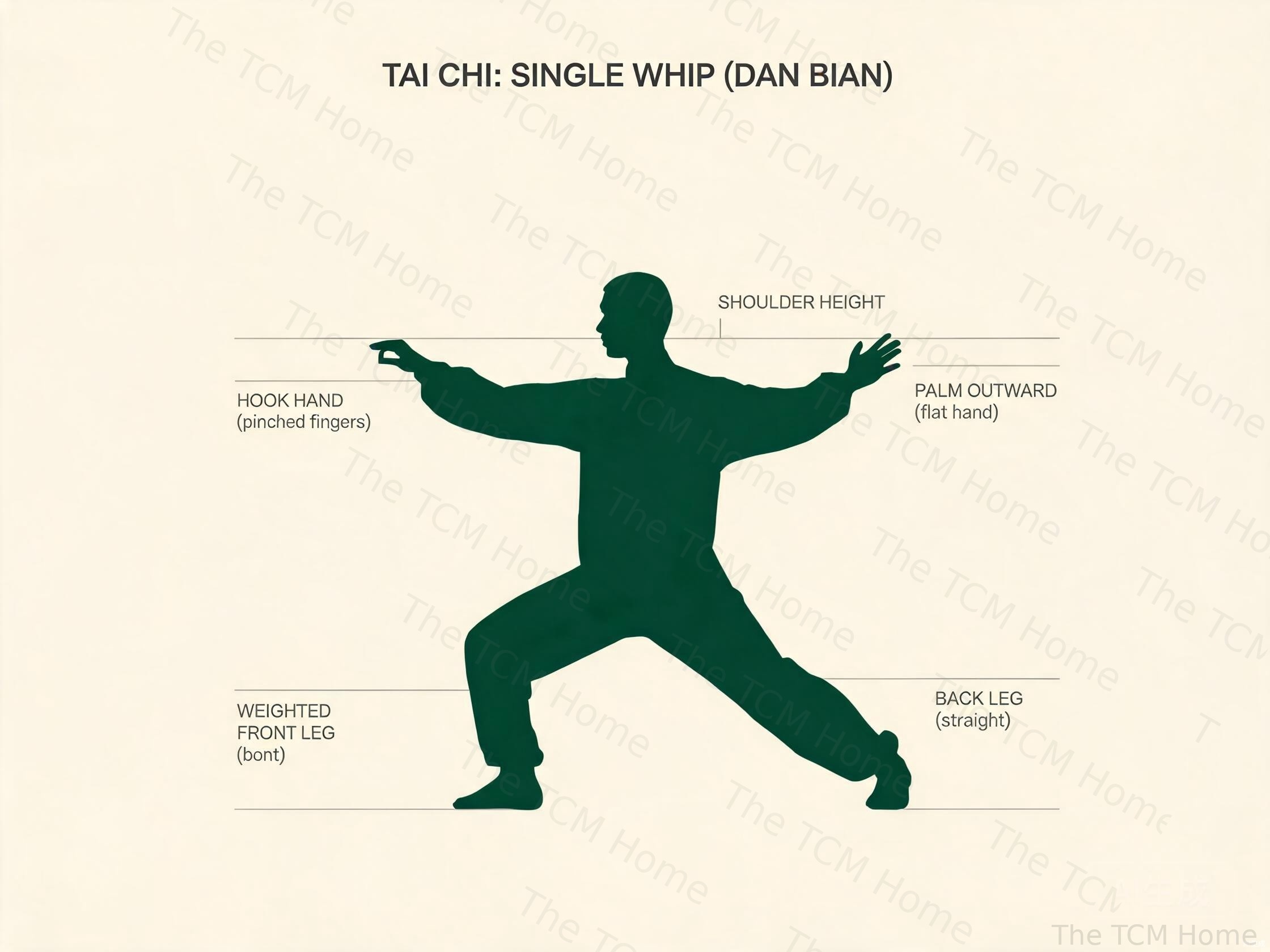 Tai Chi Single Whip posture with one arm extended in hook hand