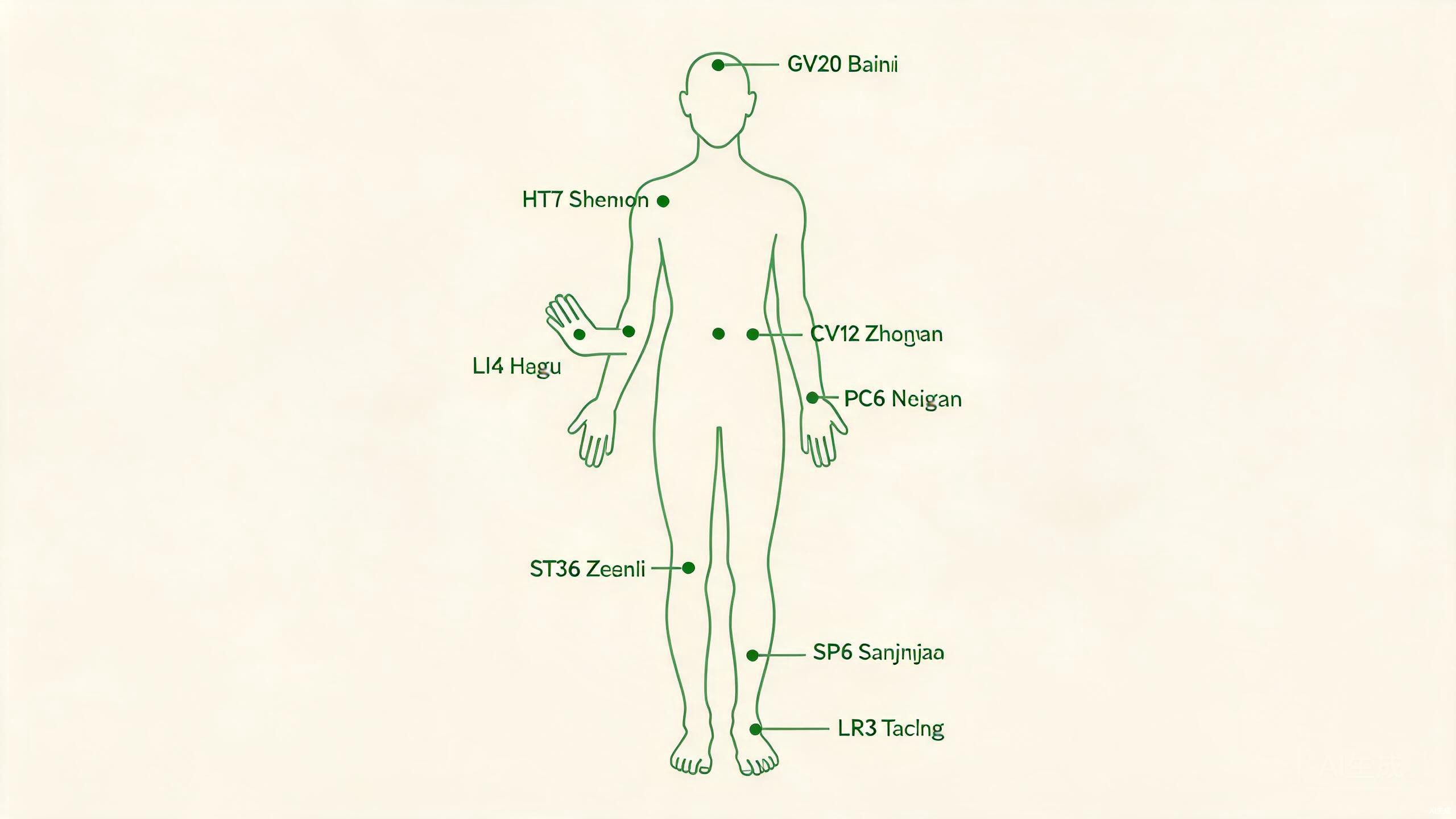 Acupressure points body map showing eight key acupuncture points: LI4, PC6, ST36, SP6, LR3, GV20, CV12, and HT7