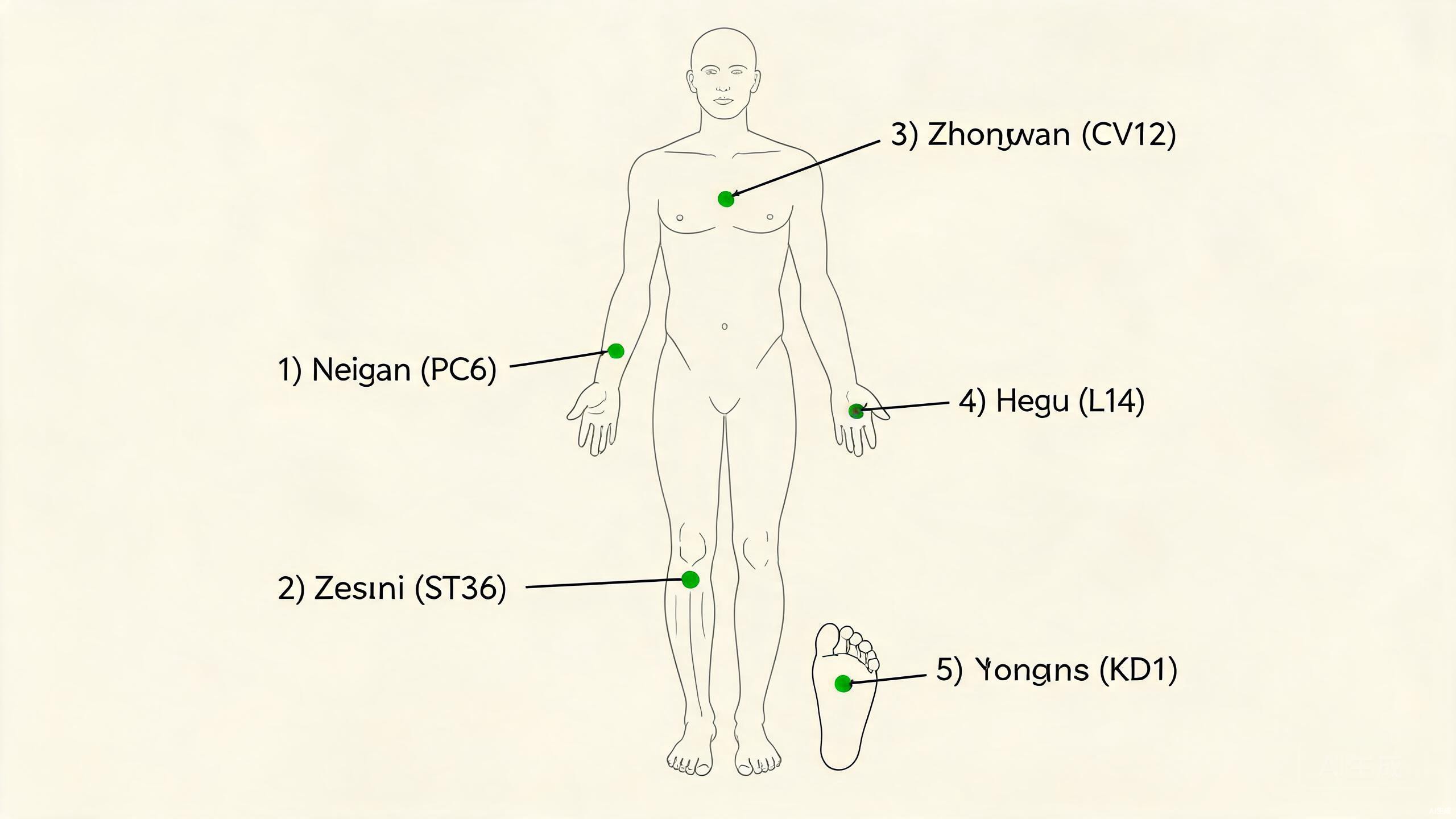 Acupressure points for nausea diagram showing PC6 on wrist, ST36 on leg, CV12 on abdomen, LI4 on hand, and KD1 on foot