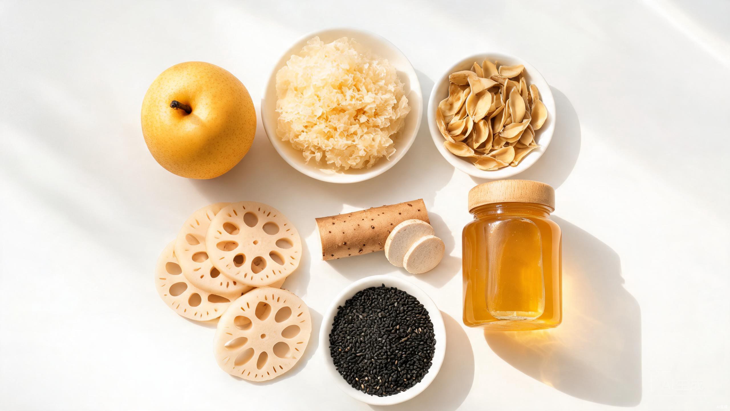 Seven autumn TCM foods arranged on a wooden table: pear, white fungus, lily bulb, lotus root, Chinese yam, honey, and black sesame