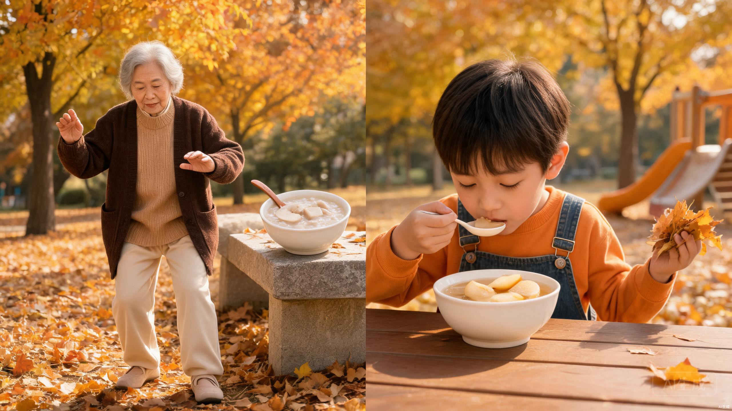 Autumn wellness TCM family guide showing grandparents and children with seasonal foods like pear soup, yam porridge, and autumn leaves