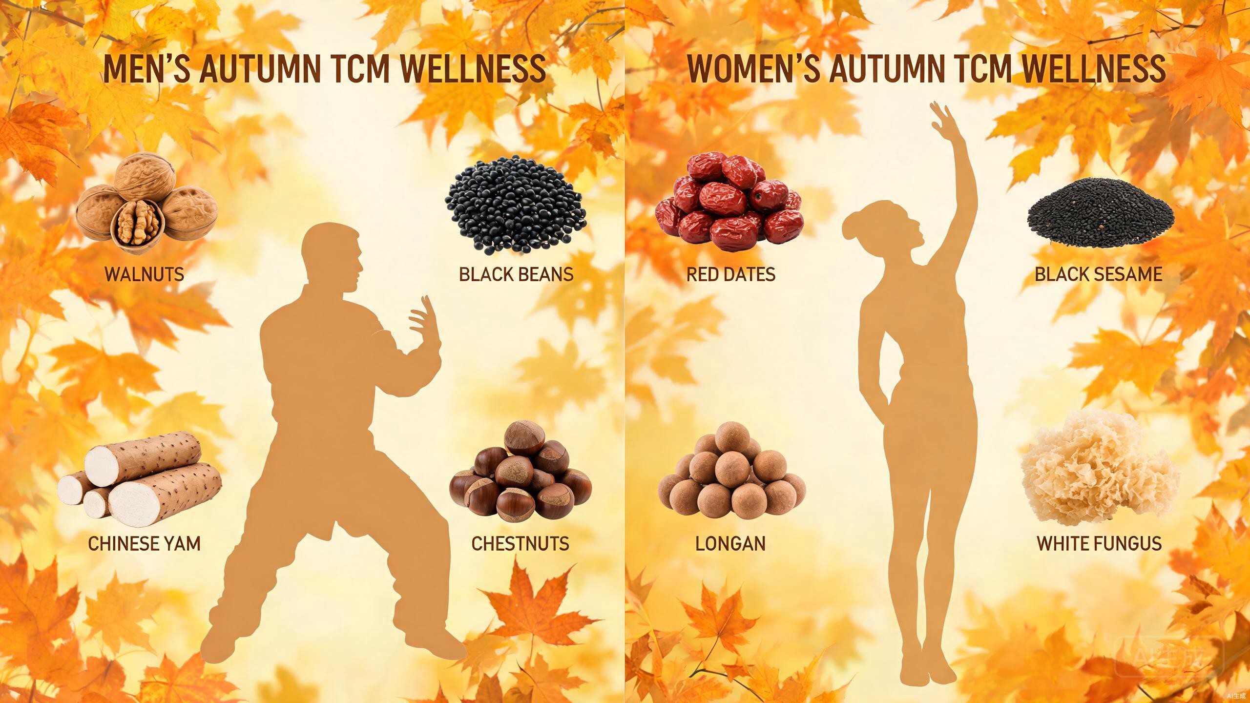 Autumn wellness TCM guide for men and women showing seasonal foods like walnuts, black beans, red dates, and white fungus alongside autumn leaves