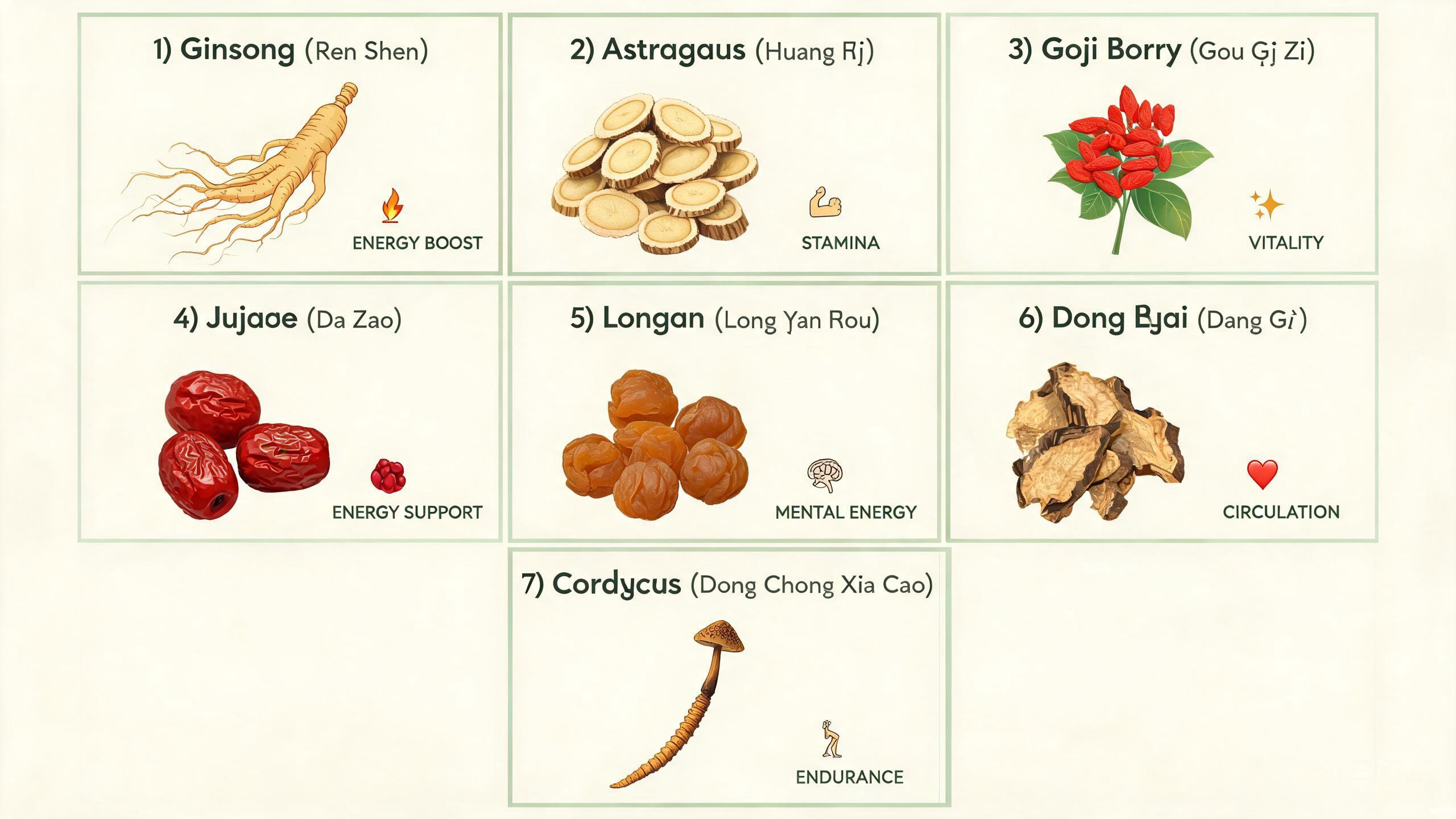 Seven Chinese herbs for energy showing ginseng, astragalus, goji, jujube, longan, dong quai, and cordyceps with their properties