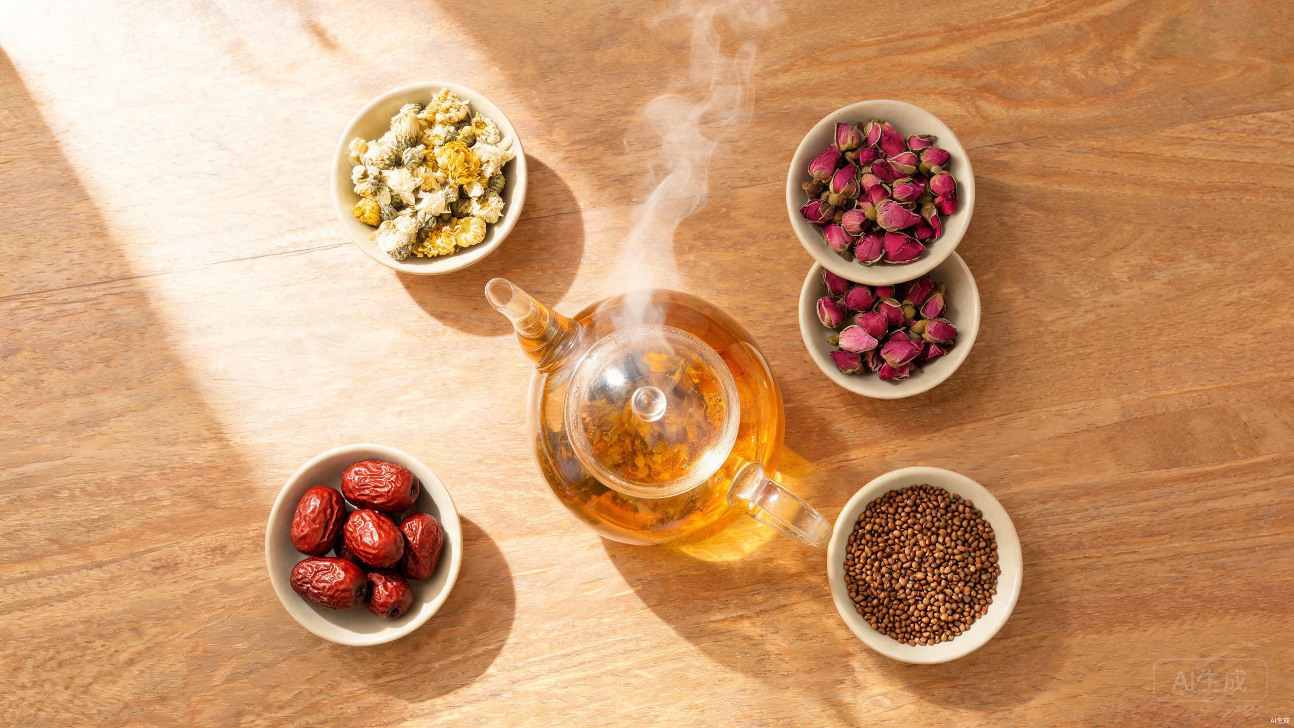 Calming herbal tea ingredients including chrysanthemum, rose, red dates, and sour date seeds arranged on a wooden surface with a glass teapot