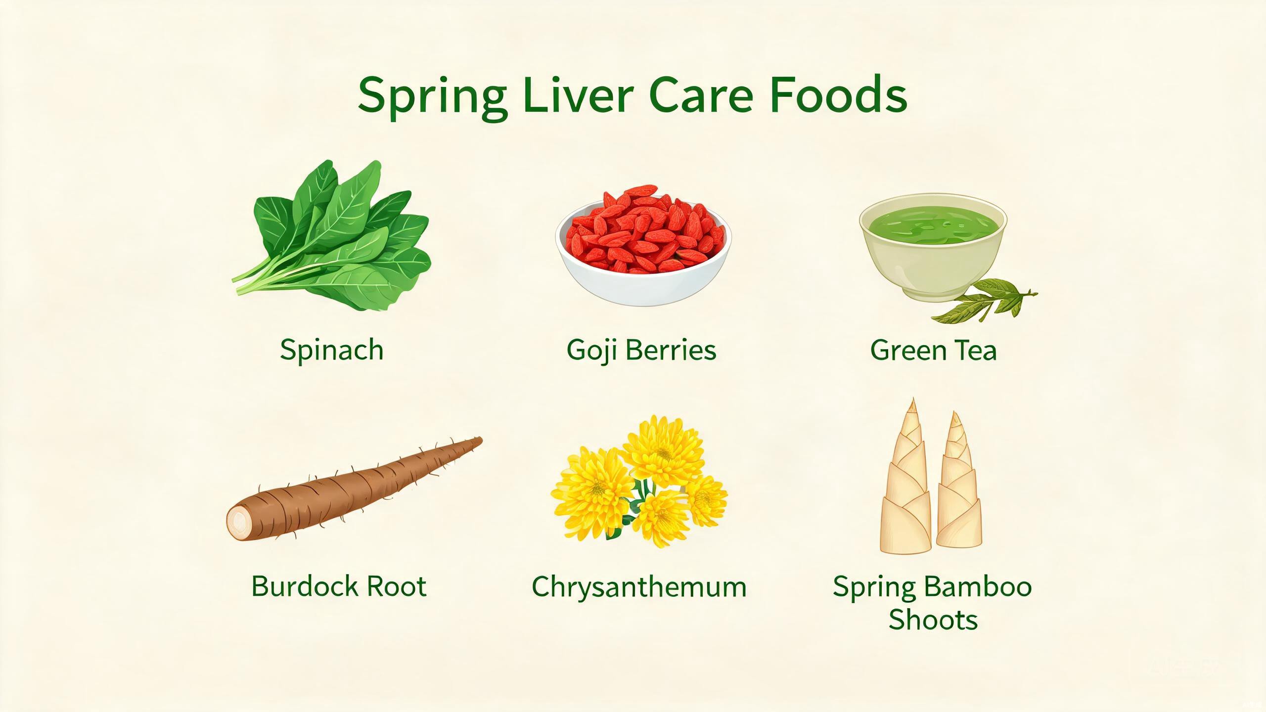 Five spring liver-nourishing foods in TCM showing spinach, goji berries, chrysanthemum flowers, bean sprouts, and shepherd's purse