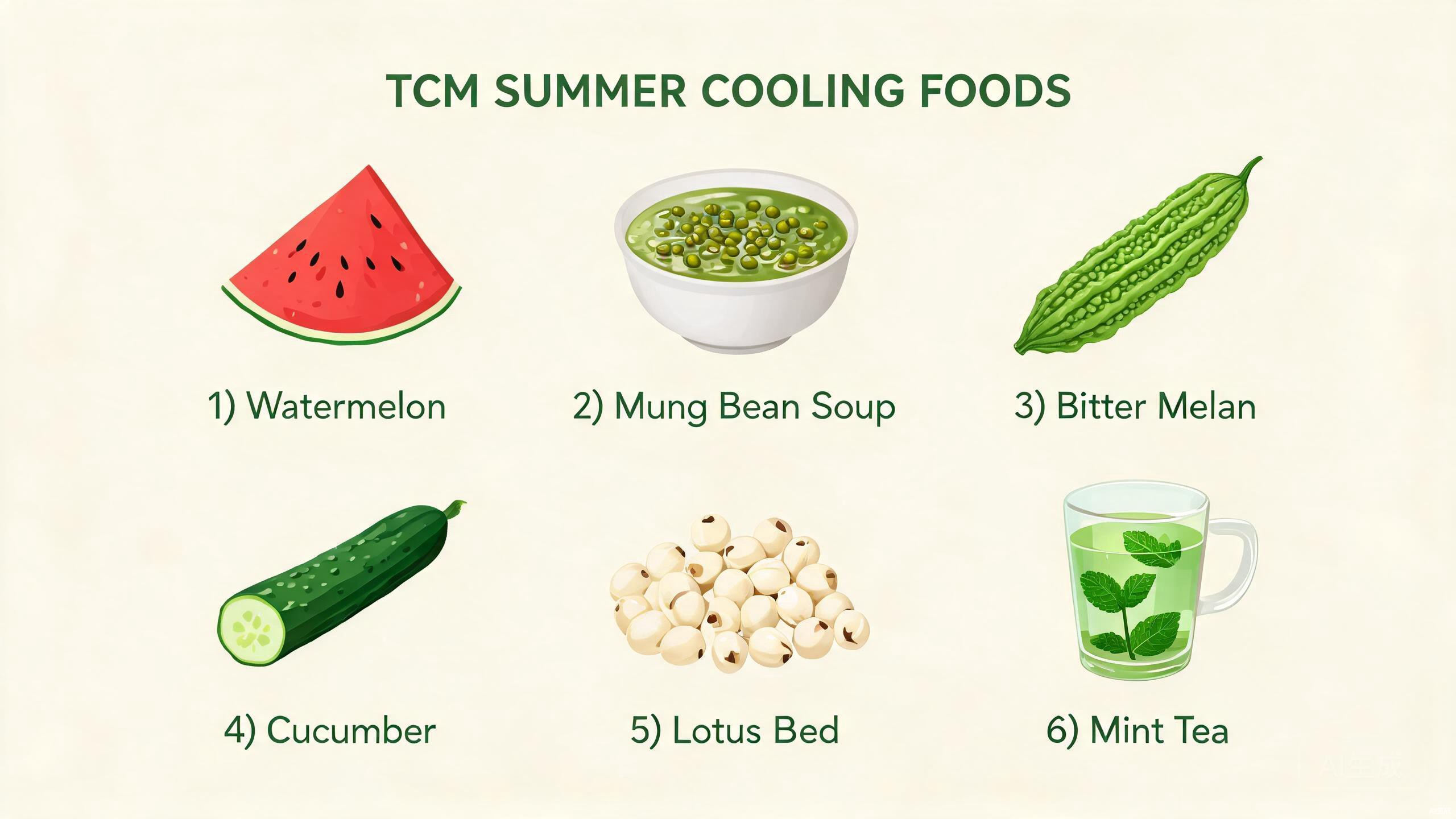 Five TCM summer heat-clearing foods showing mung beans, watermelon, lotus seeds, bitter melon, and fresh mint leaves