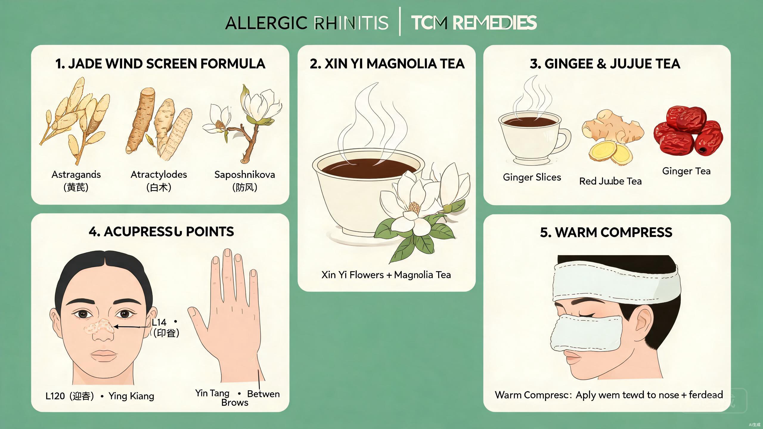 TCM food therapy ingredients for allergic rhinitis including astragalus root, Chinese yam, dried lily bulb, tremella mushroom, and magnolia flower arranged on a rustic wooden surface
