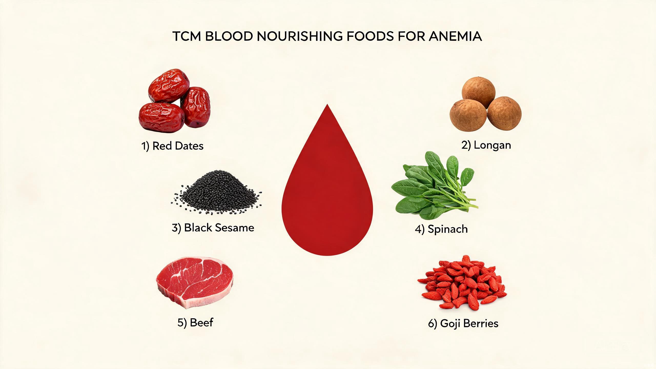 TCM blood-building ingredients including red dates, longan, goji berries, black beans, and angelica root arranged on a wooden surface with a ceramic bowl