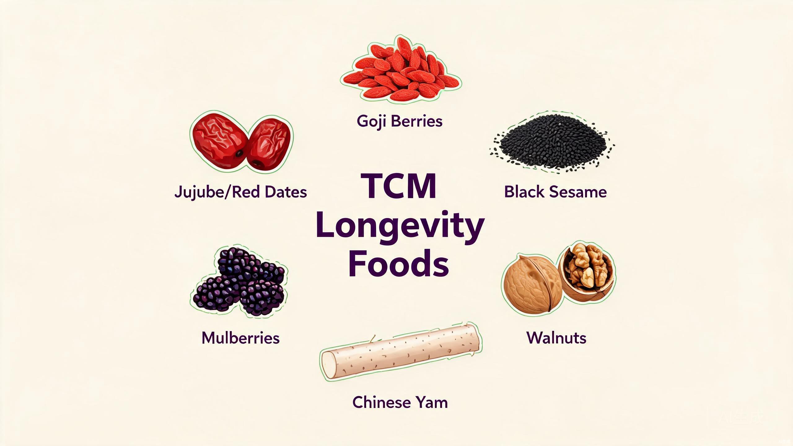 Five TCM anti-aging foods showing goji berries, black sesame, Chinese yam, walnuts, and red dates