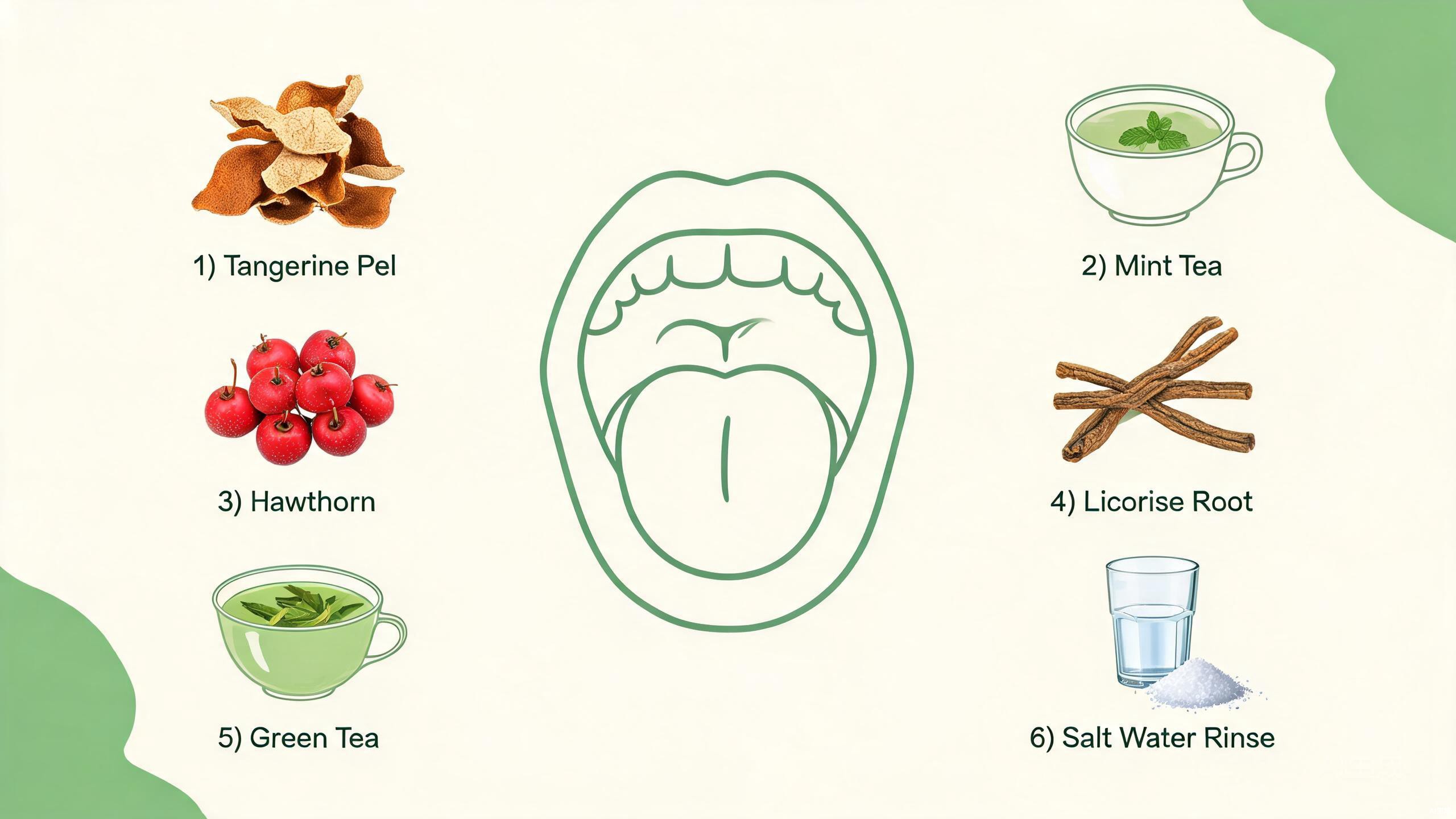 TCM ingredients for fresh breath including peppermint, green tea, hawthorn, mung beans, and lotus plumule arranged on a wooden surface with a ceramic teapot