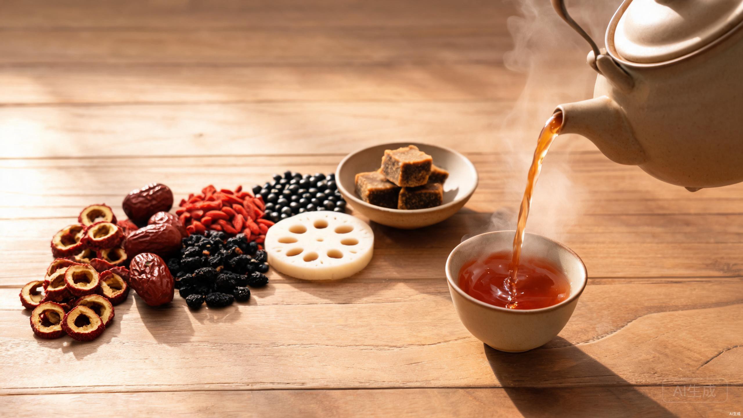 TCM blood circulation foods including hawthorn, red dates, goji berries, black beans, and lotus root arranged with a teapot on a wooden surface