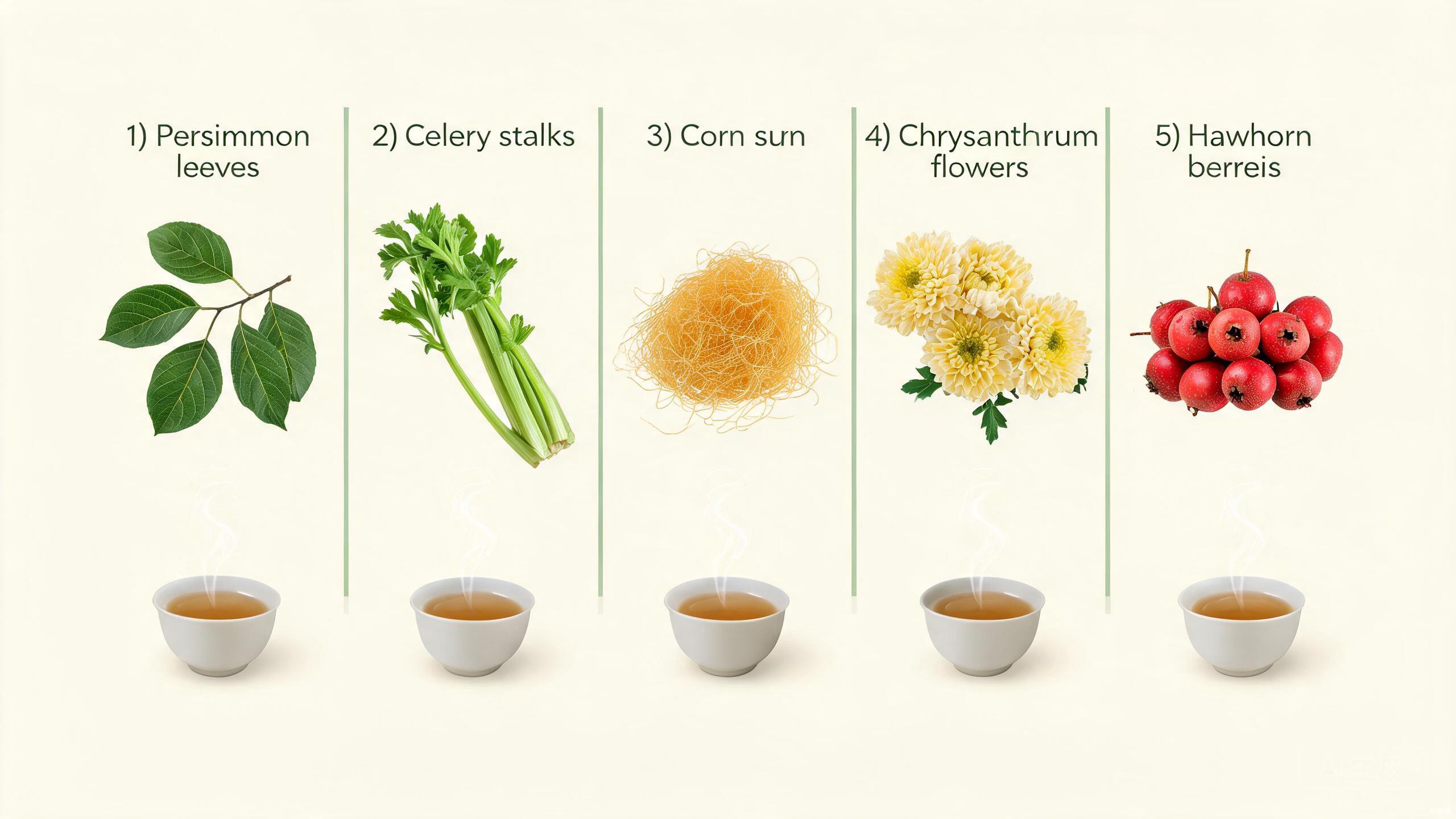 Five TCM natural remedies for blood pressure support showing persimmon leaves, celery, corn silk, chrysanthemum, and hawthorn