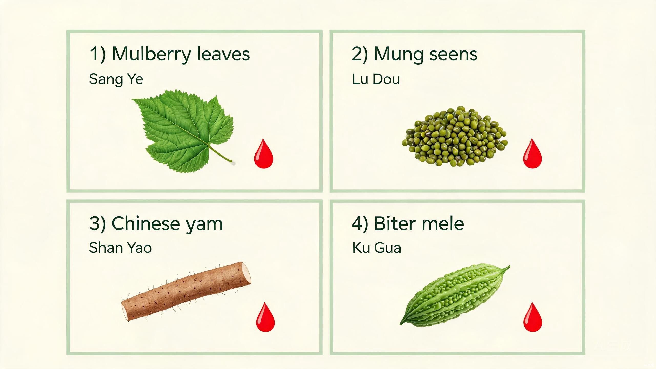 Four TCM foods for blood sugar support showing mulberry leaves, mung beans, Chinese yam, and bitter melon