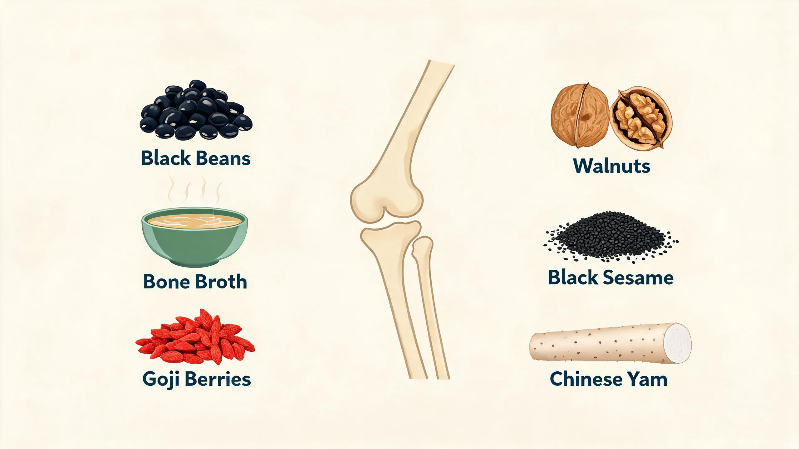 Five TCM foods for bone and joint health showing black beans, walnuts, bone broth, black sesame soy milk, and shrimp shell powder