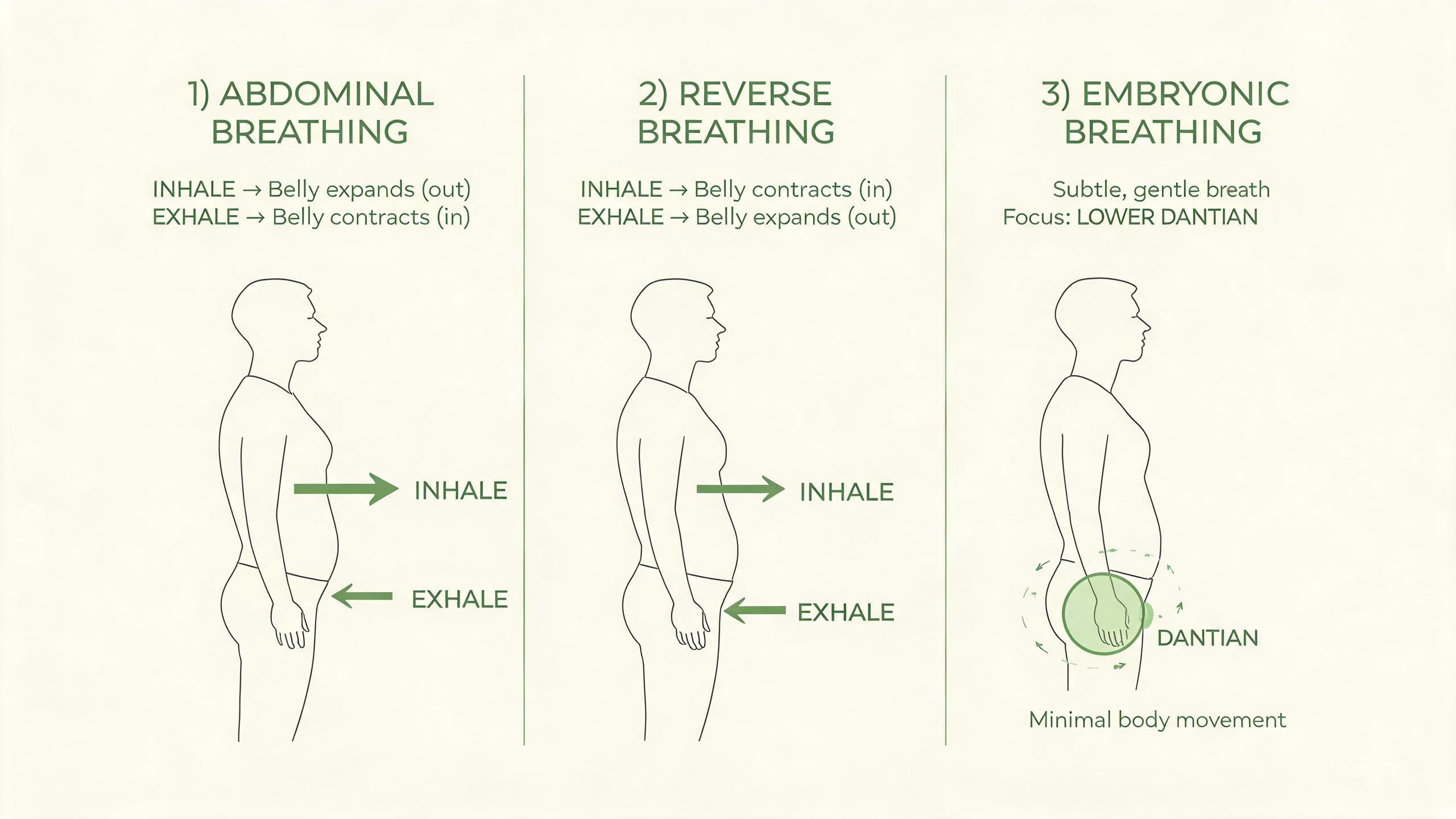A person practicing TCM breathing techniques in a calm natural setting, hands resting on the lower abdomen in the Dantian area
