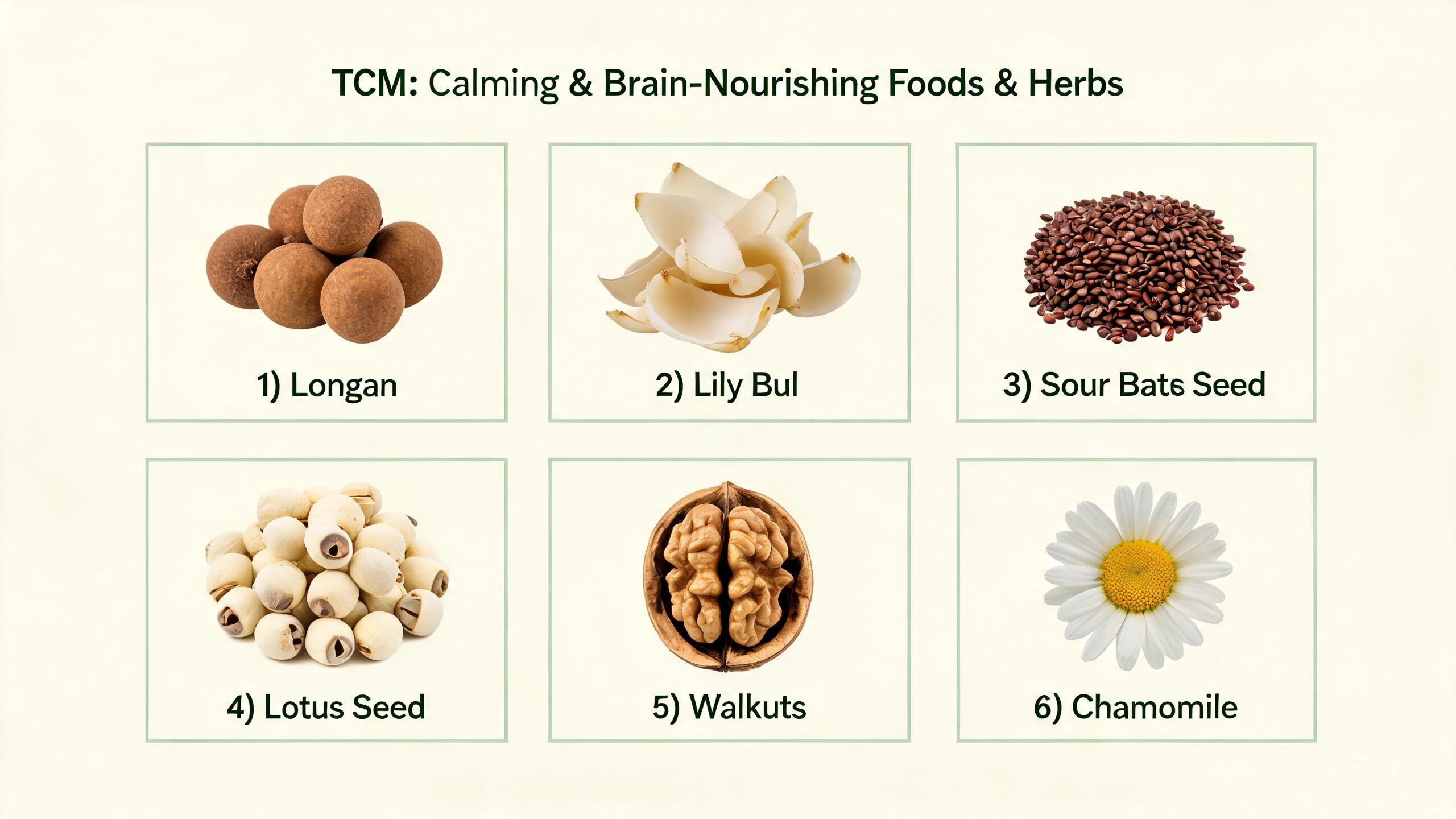 Five TCM foods for calming the mind and nourishing the brain showing walnuts, dried longan, lily bulb, lotus seeds, and sour date seeds arranged on a serene, soft-toned surface