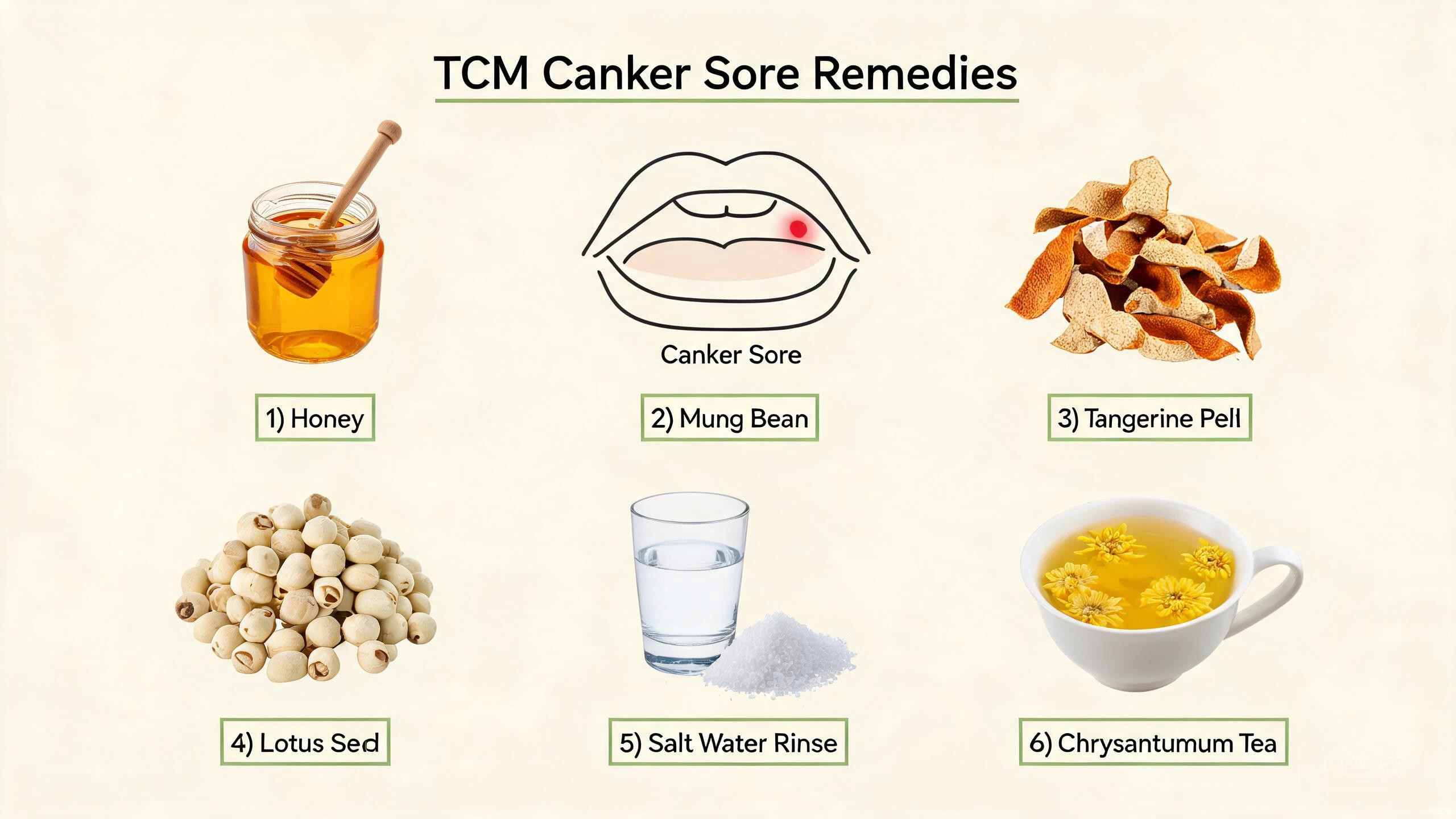 TCM food therapy ingredients for canker sores including lotus plumule, mung beans, honey, watermelon, and coix seed arranged on a wooden surface