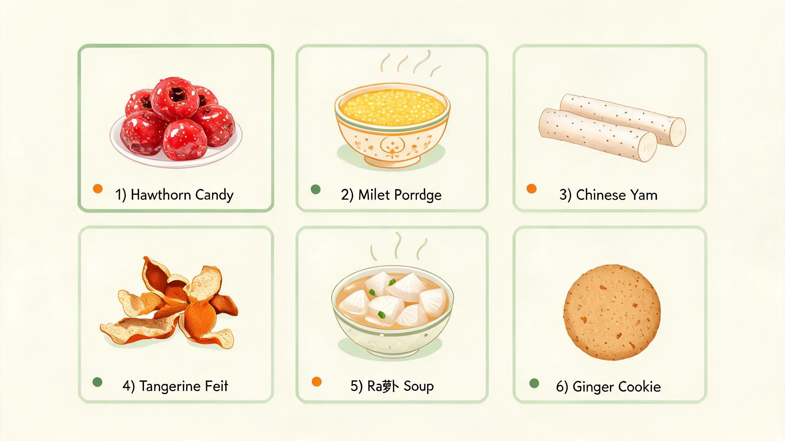 Gentle TCM digestive remedies for children including Chinese yam, millet, hawthorn, and lotus seeds arranged in small bowls on a soft background