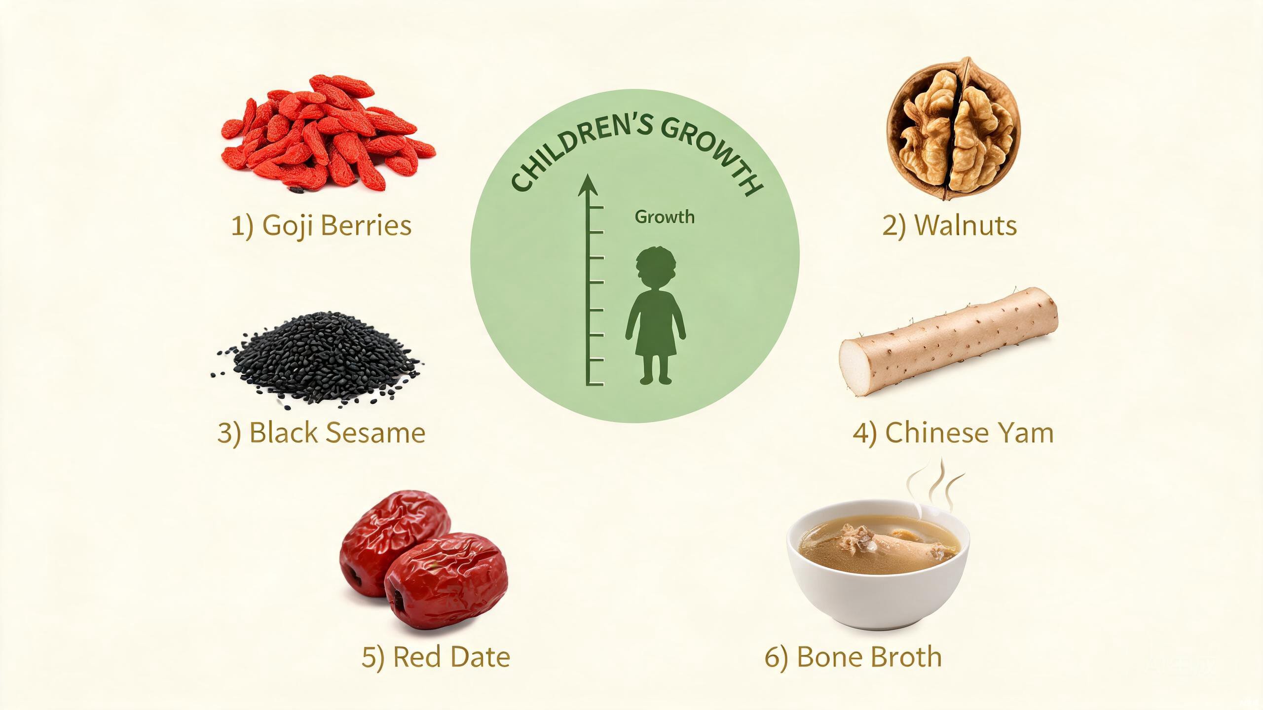 TCM growth-supporting foods for children including black beans, walnuts, black sesame, goji berries, and astragalus root arranged in small bowls
