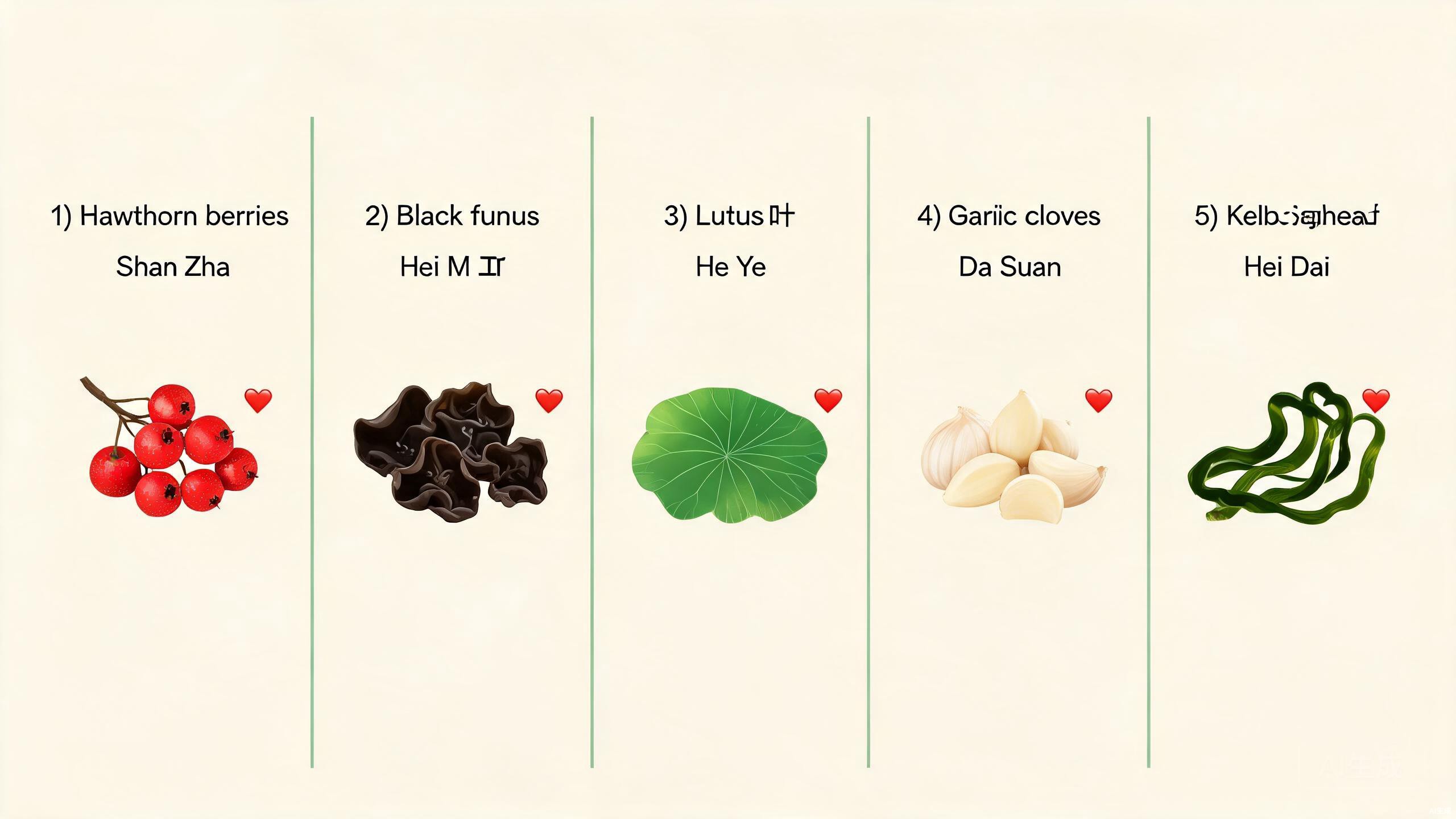 Five TCM foods for cholesterol support showing hawthorn, black fungus, lotus leaf, garlic, and kelp