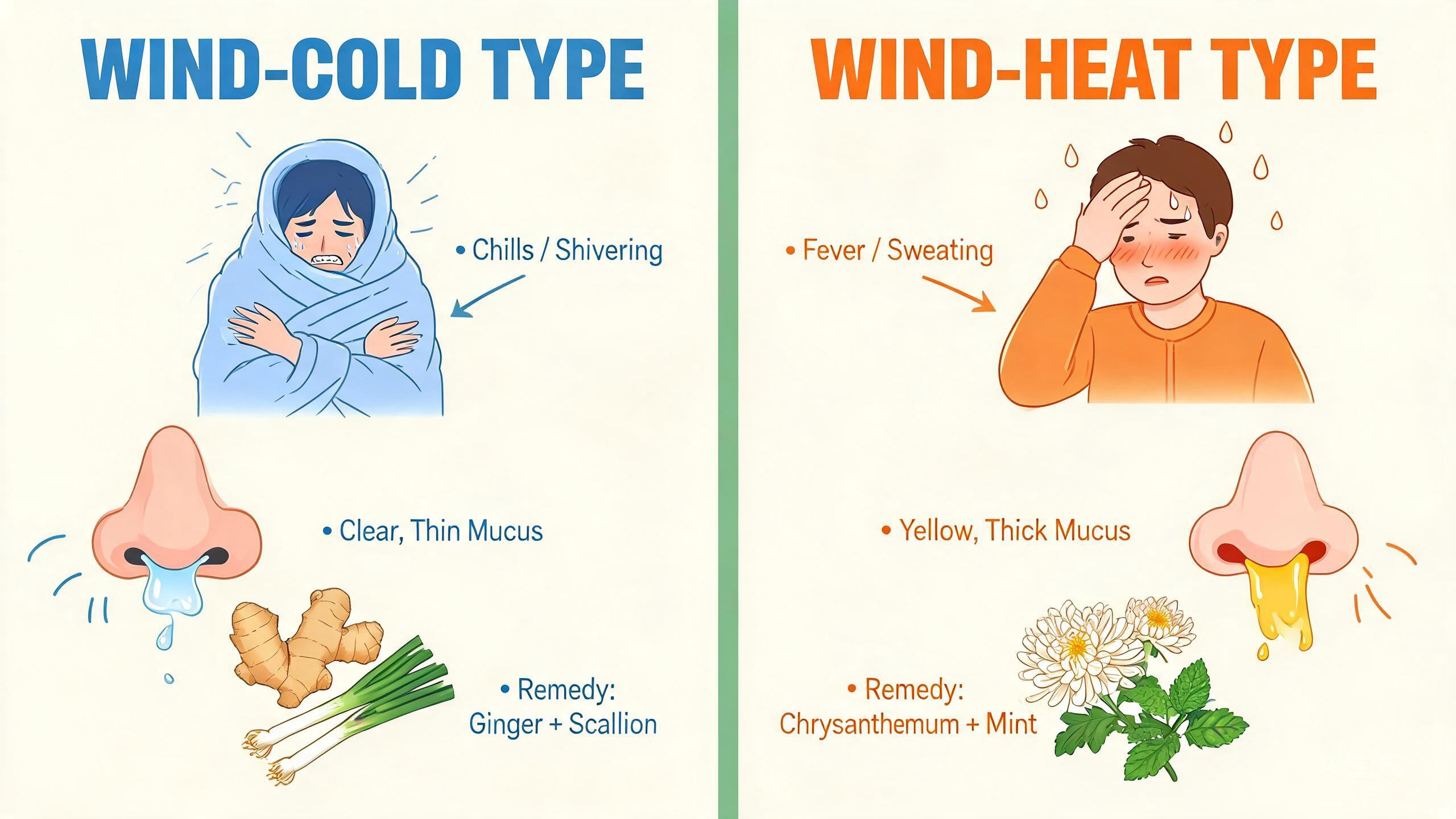 TCM cold and flu guide showing wind-cold vs wind-heat patterns with corresponding remedies and foods
