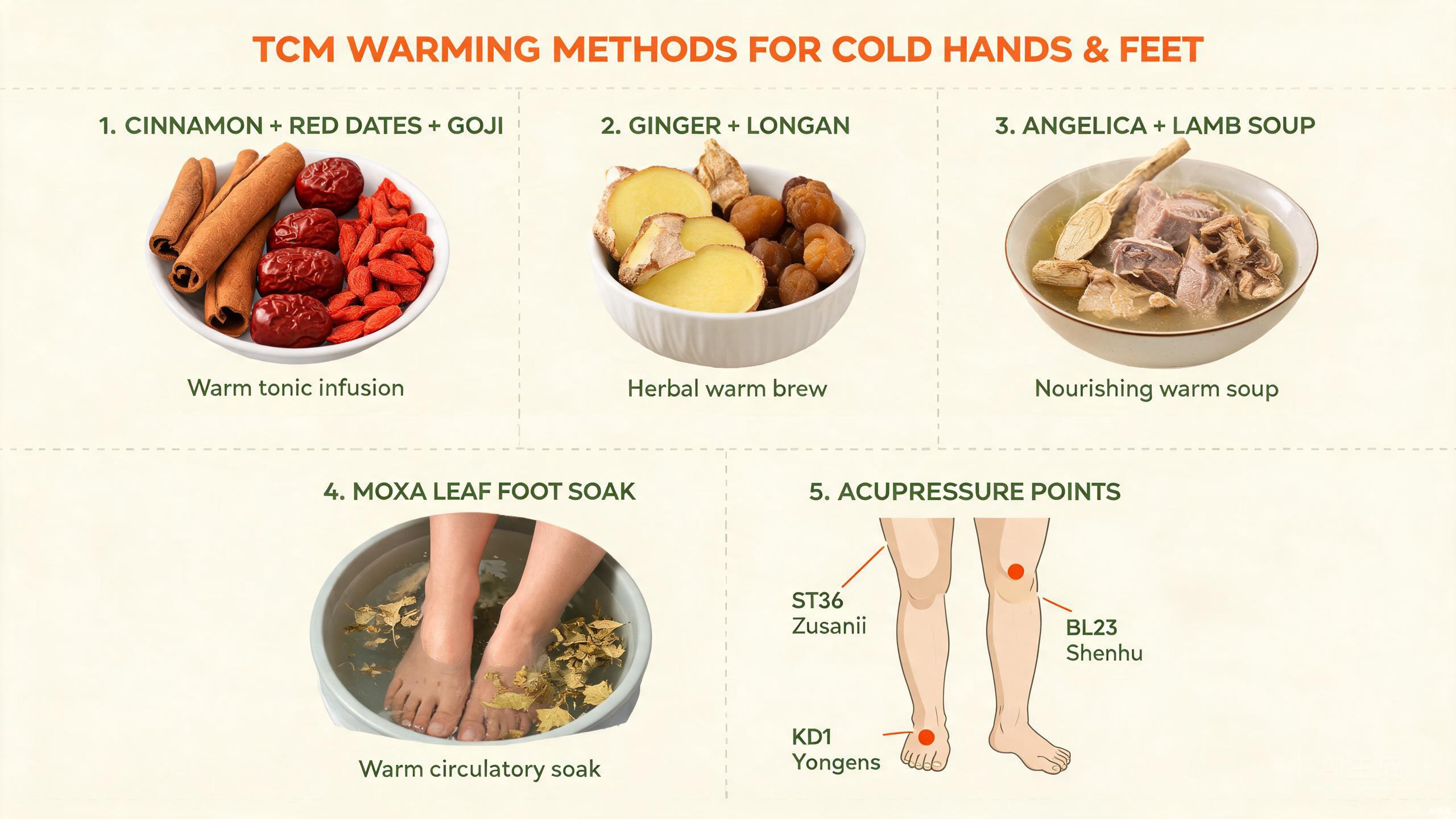TCM food therapy ingredients for cold hands and feet including ginger, cinnamon, red dates, angelica root, lamb, and dried longan arranged on a rustic wooden surface